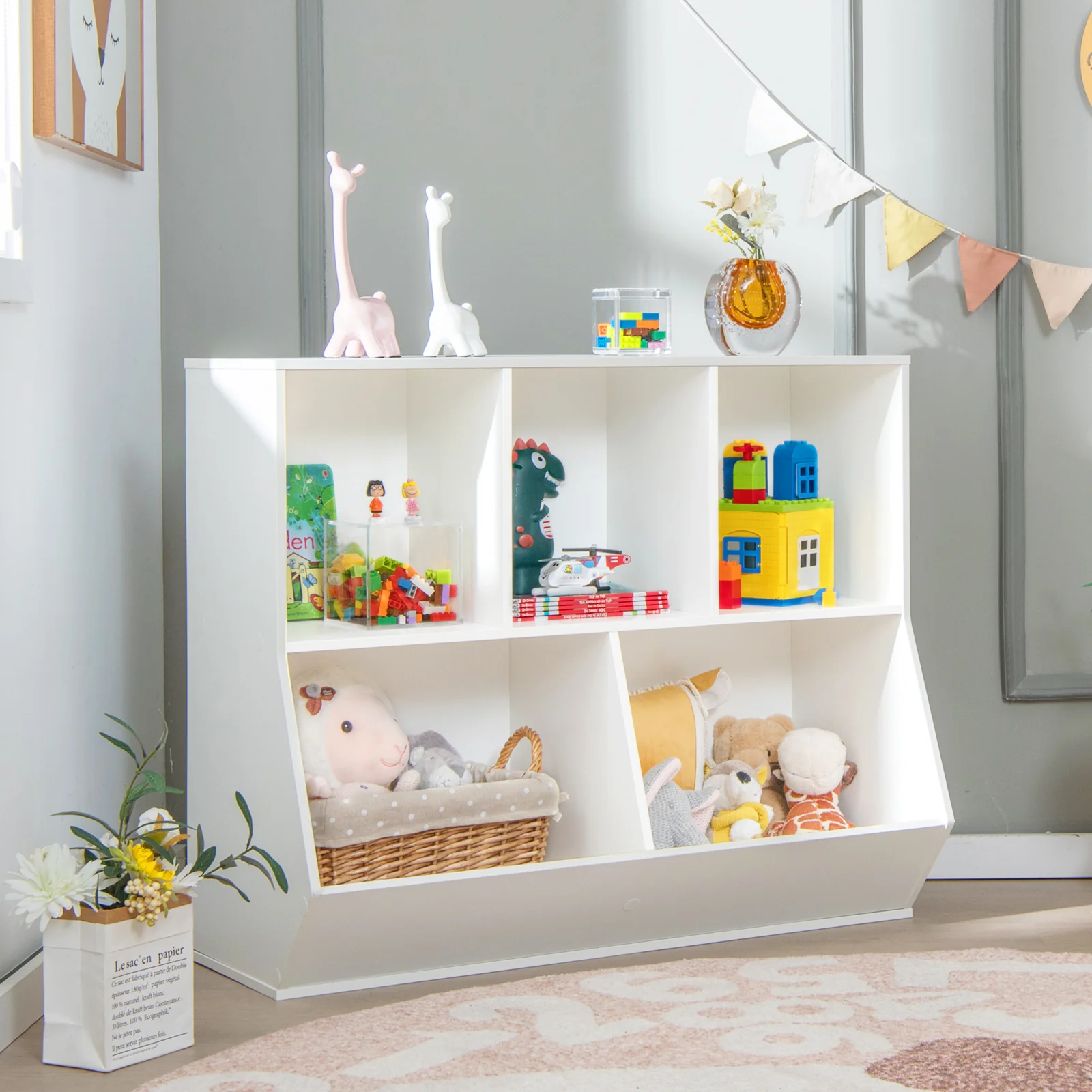 5-Cubby Kids Toy Storage Organizer, Wooden Children Bookcase Bookshelf - Image 3