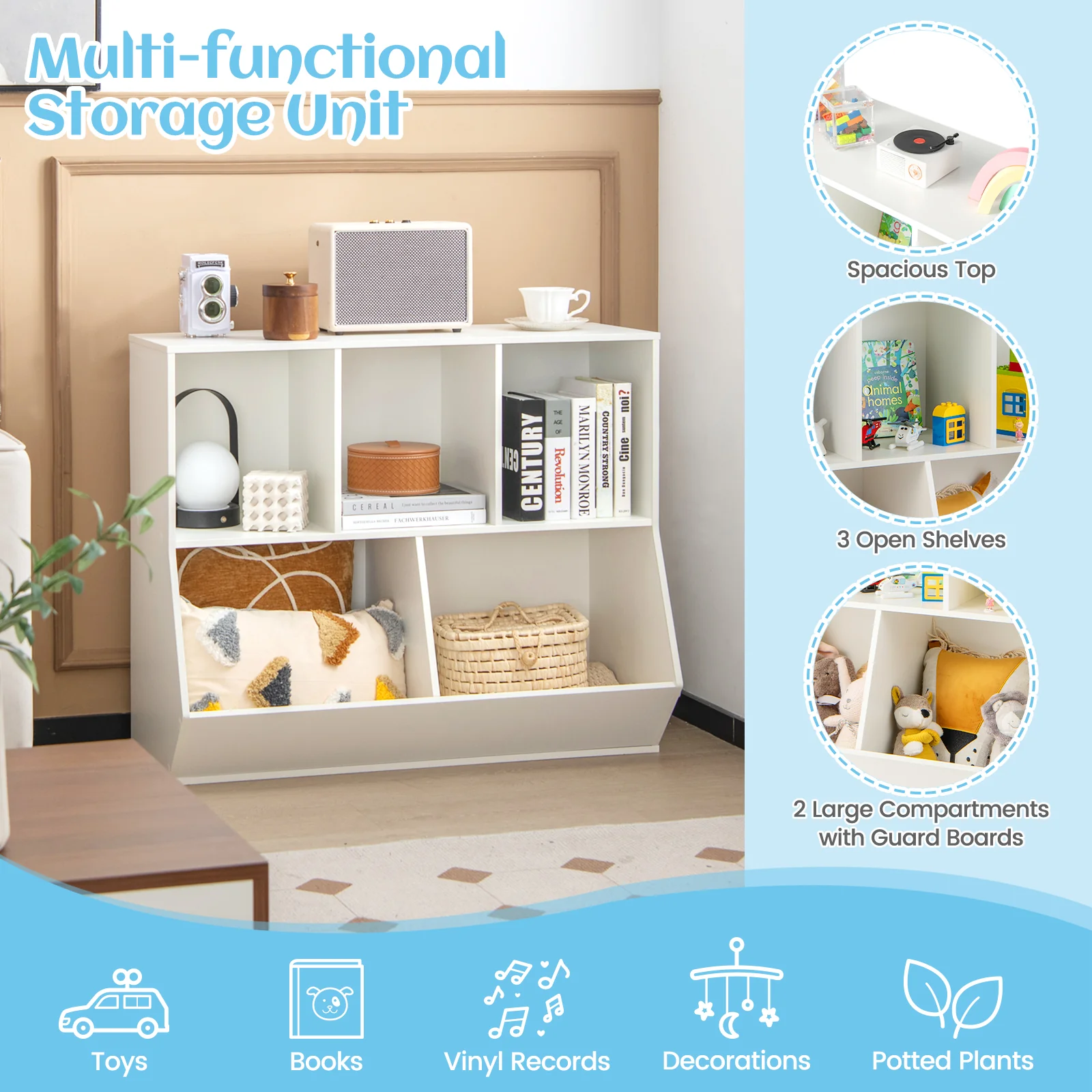 5-Cubby Kids Toy Storage Organizer, Wooden Children Bookcase Bookshelf - Image 7