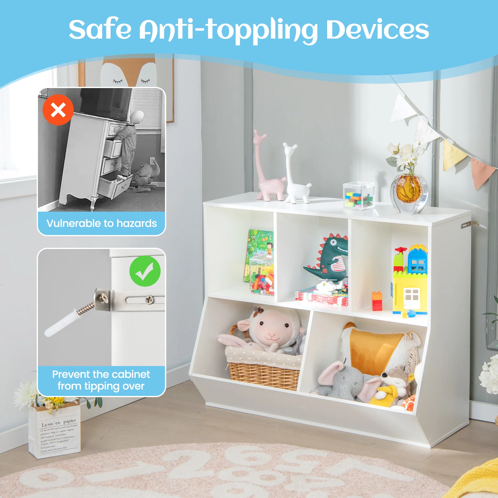 5-Cubby Kids Toy Storage Organizer, Wooden Children Bookcase Bookshelf - Image 8