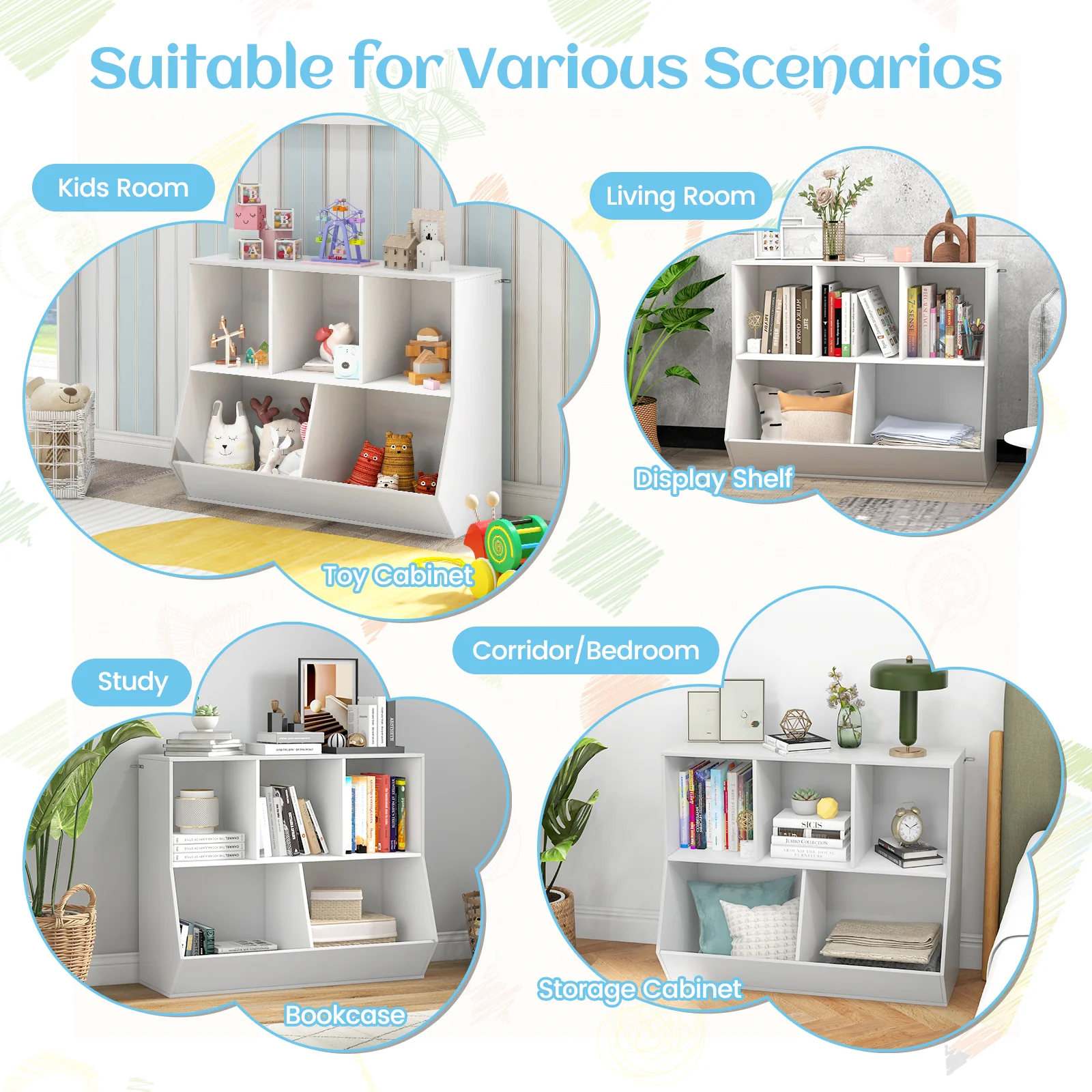 5-Cubby Kids Toy Storage Organizer, Wooden Children Bookcase Bookshelf - Image 9