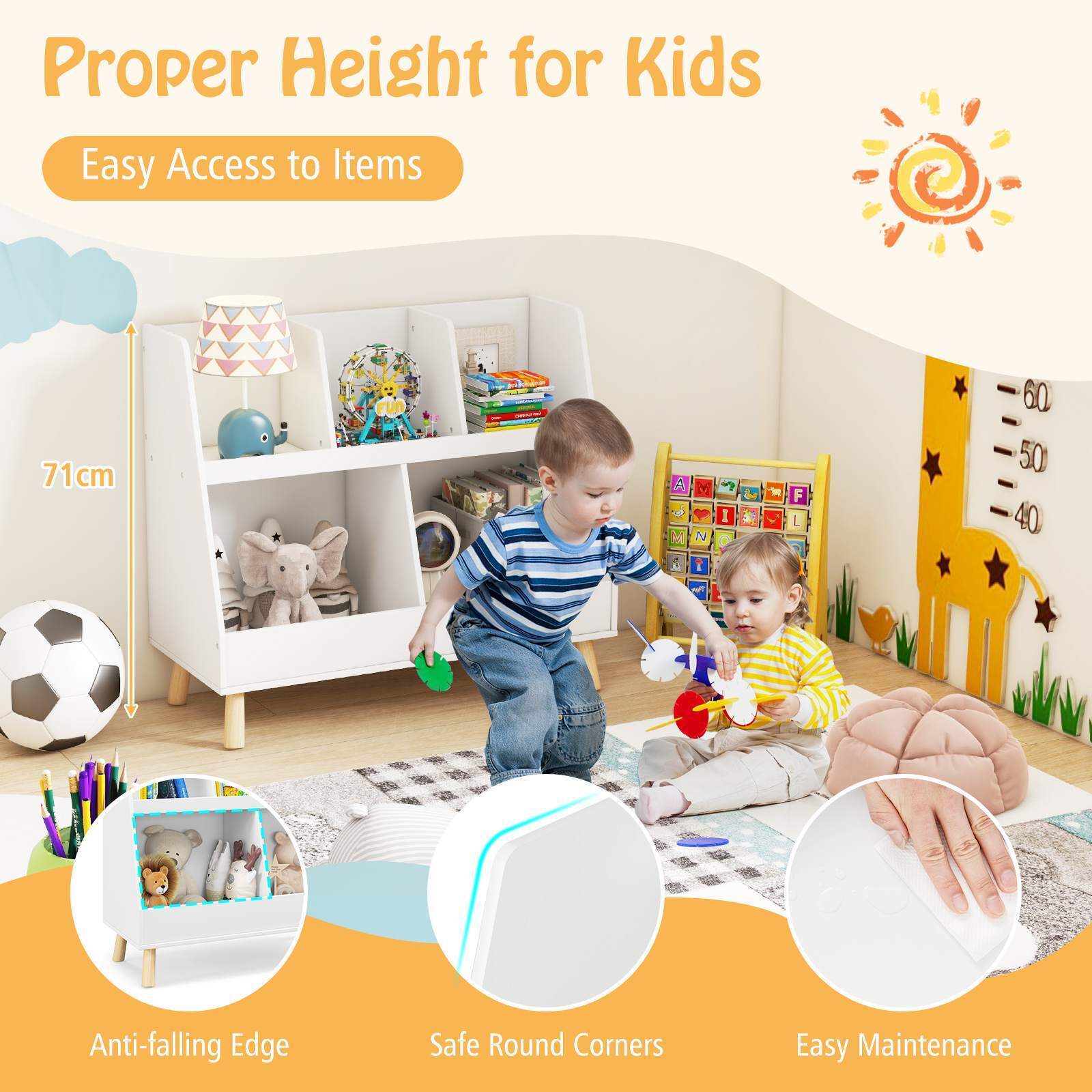 5-Cube Kids Bookshelf and Toy Organiser Wooden Storage Bookcase w/ Wood Legs - Image 6