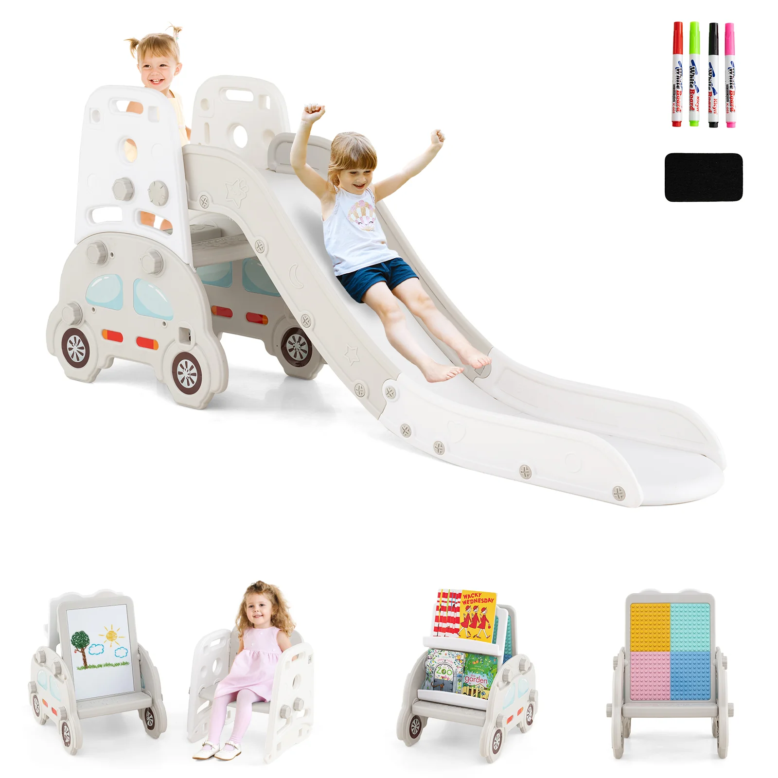 5 in 1 Convertible Kids Slide Set, Double-Sided Magnetic Dry Erase & Building Block Board