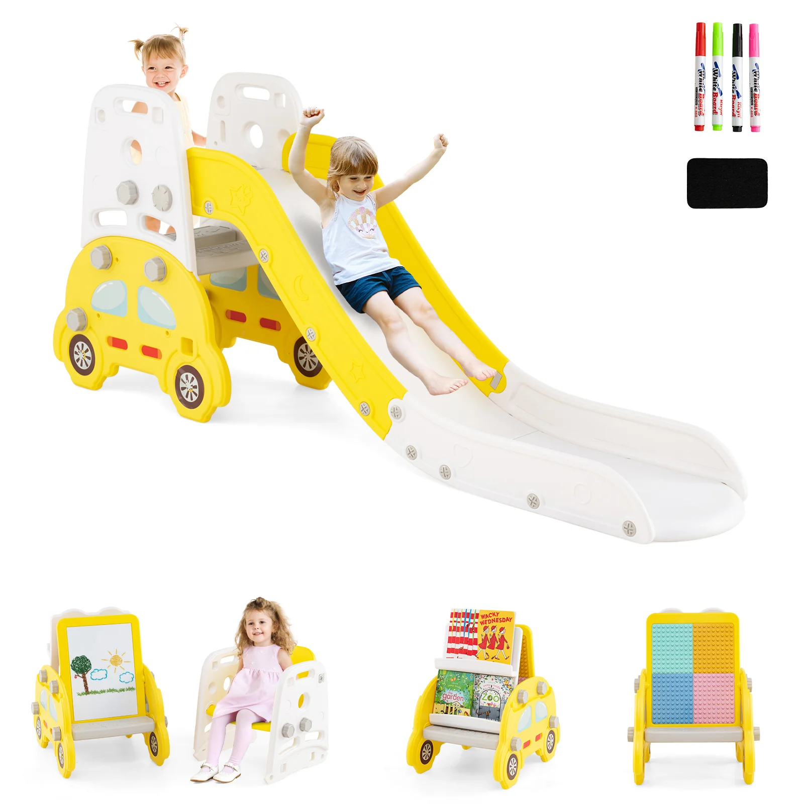 5 in 1 Convertible Kids Slide Set, Double-Sided Magnetic Dry Erase & Building Block Board - Image 10