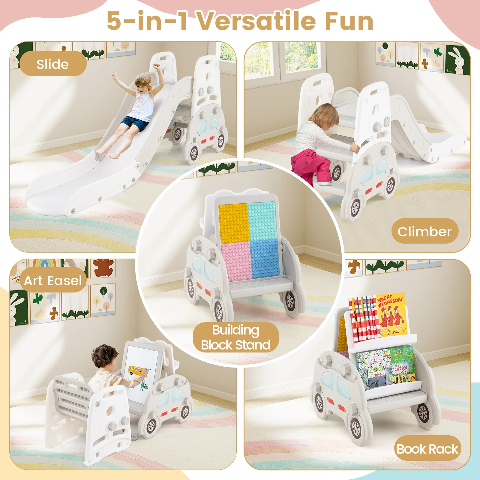 5 in 1 Convertible Kids Slide Set, Double-Sided Magnetic Dry Erase & Building Block Board - Image 3