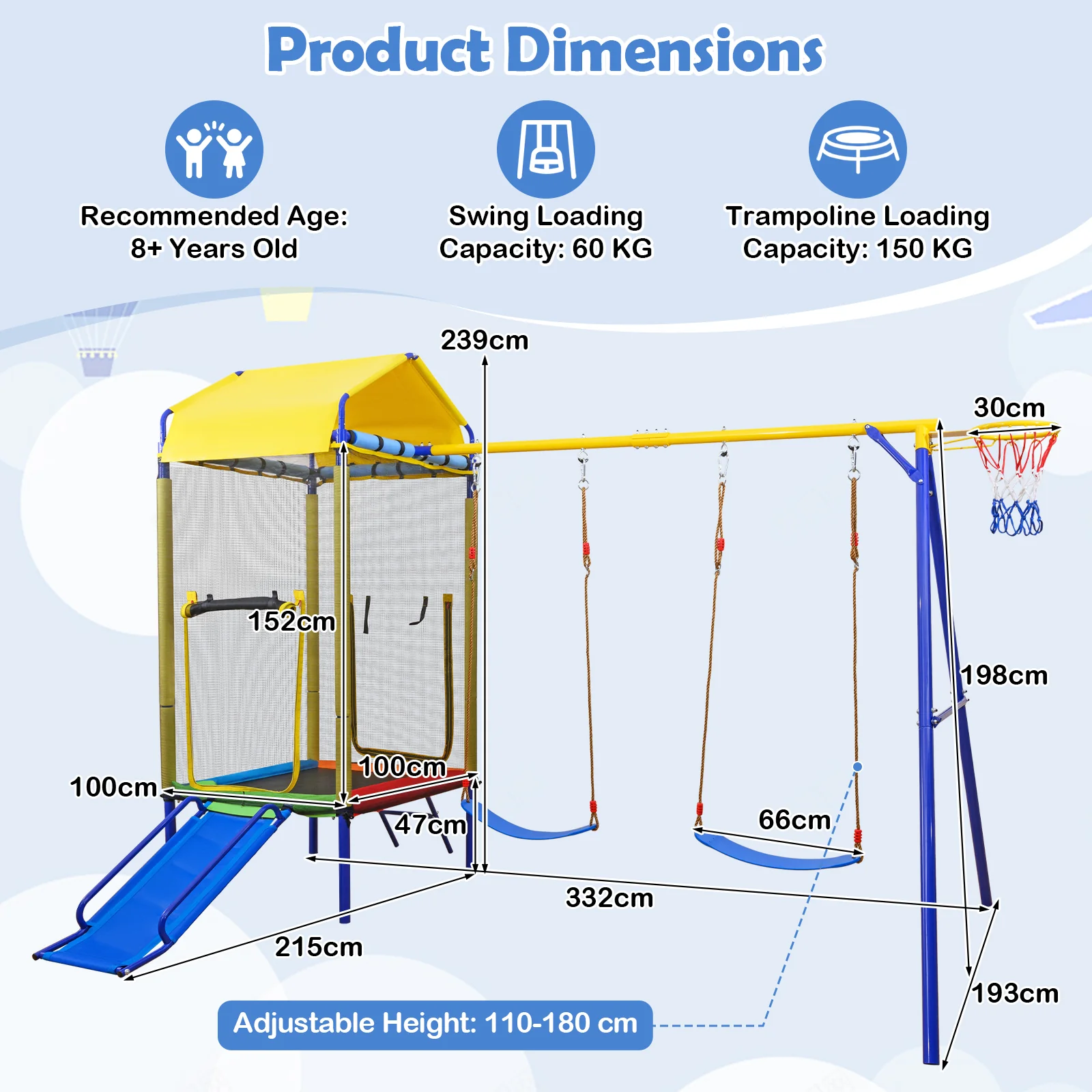 5-in-1 Kids Swing Set with Trampoline Roof Heavy-Duty Metal Outdoor Playset - Image 3