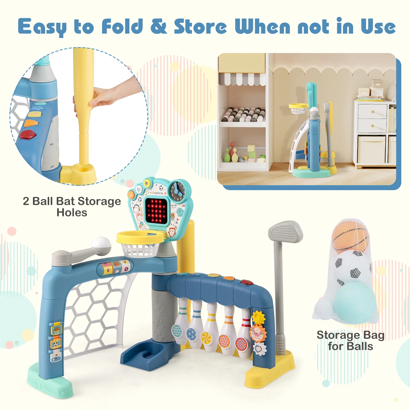 5 in 1 Toddler Sports Toy Kids Activity Center with Adjustable Basketball Hoop - Image 9