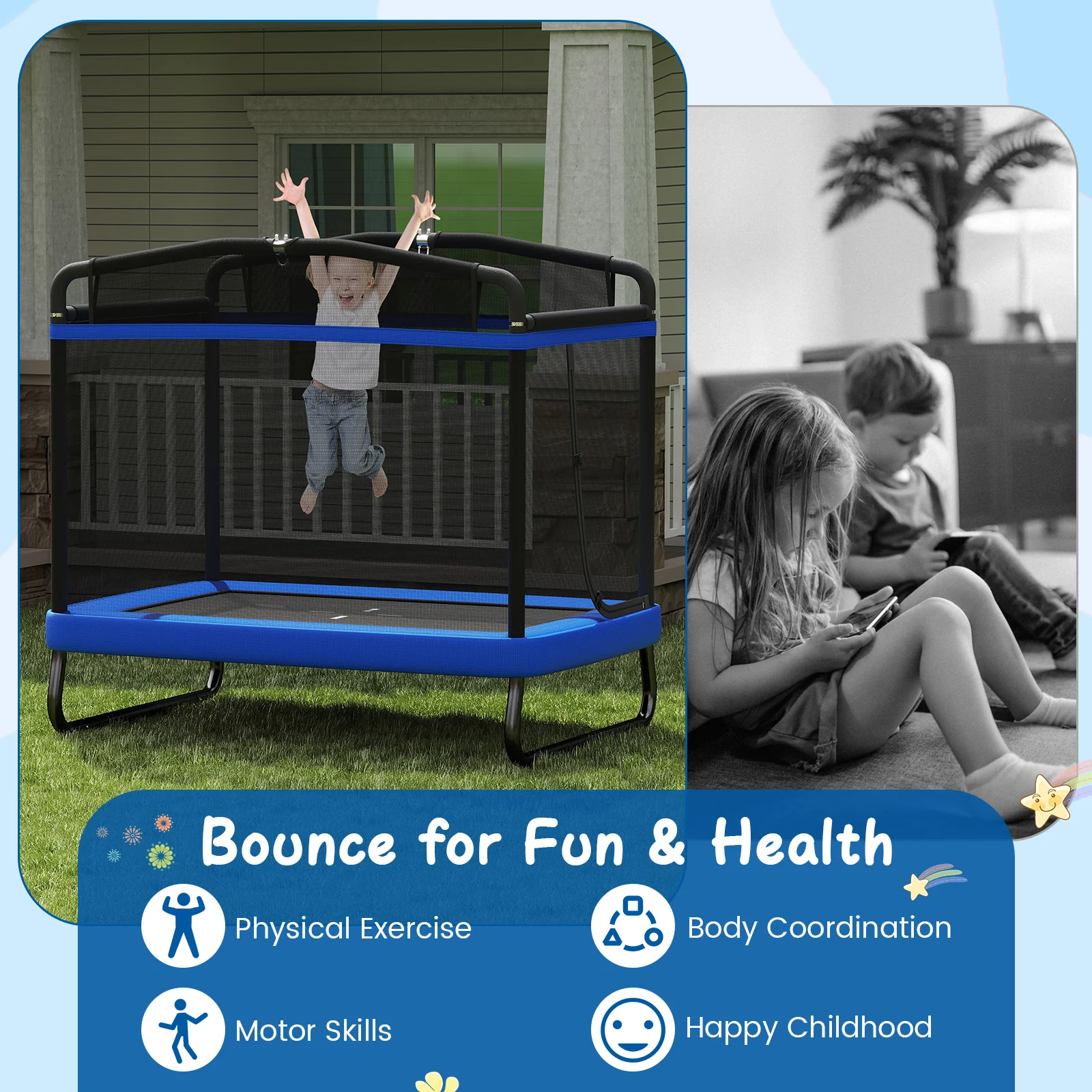 6 FT Kids Trampoline with Swing and Horizontal Bar, Small Rectangle Trampoline - Image 3