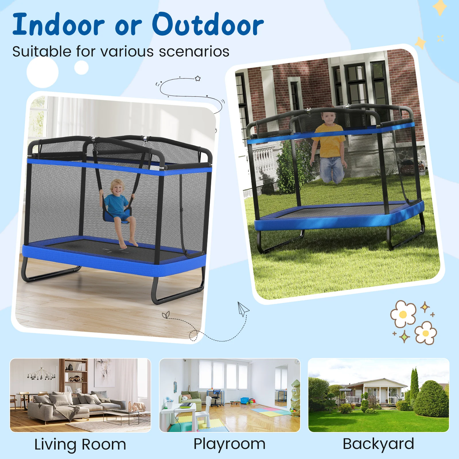 6 FT Kids Trampoline with Swing and Horizontal Bar, Small Rectangle Trampoline - Image 4