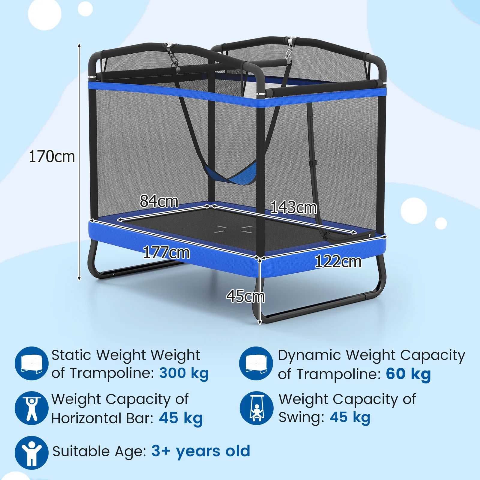 6 FT Kids Trampoline with Swing and Horizontal Bar, Small Rectangle Trampoline - Image 5