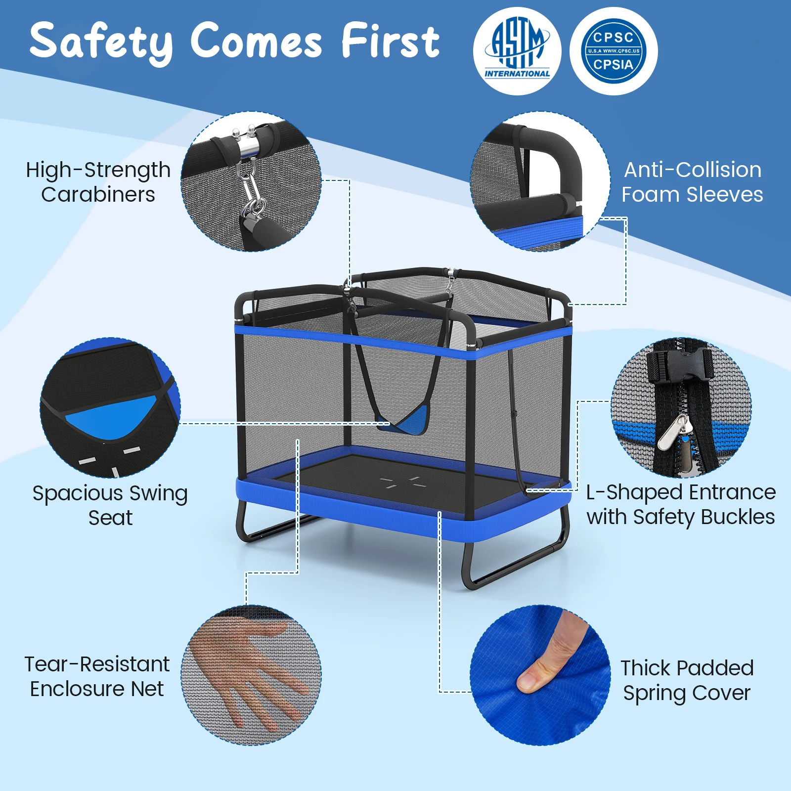 6 FT Kids Trampoline with Swing and Horizontal Bar, Small Rectangle Trampoline - Image 6