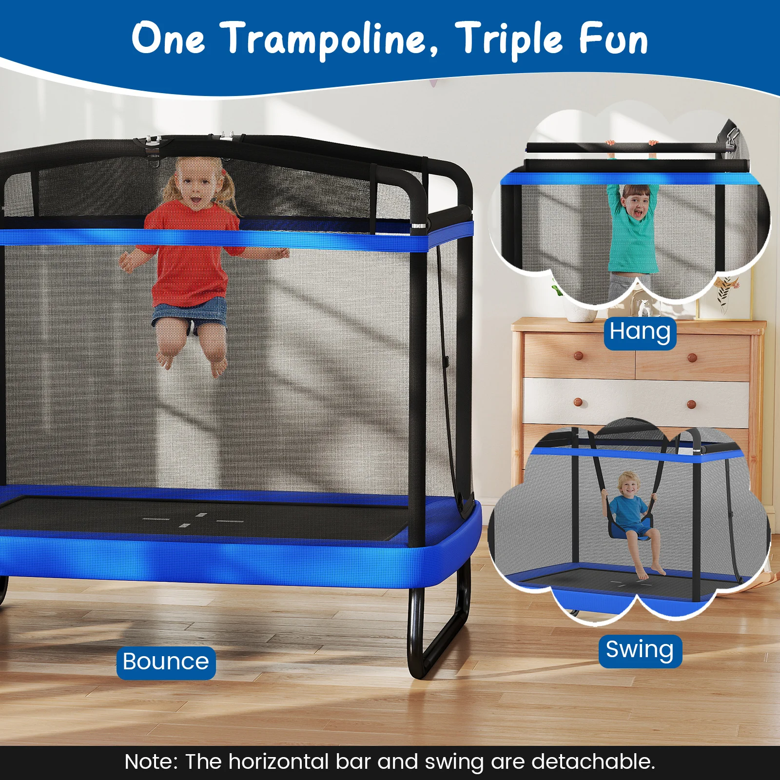 6 FT Kids Trampoline with Swing and Horizontal Bar, Small Rectangle Trampoline - Image 8