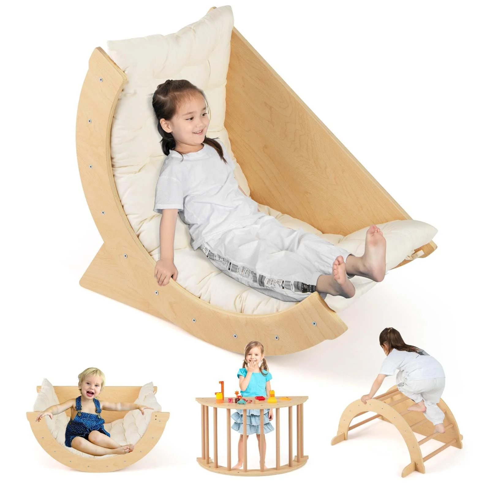 6 in 1 Climbing Arch Playset Wooden Rocker Stoppers Table w/Removable Cushion