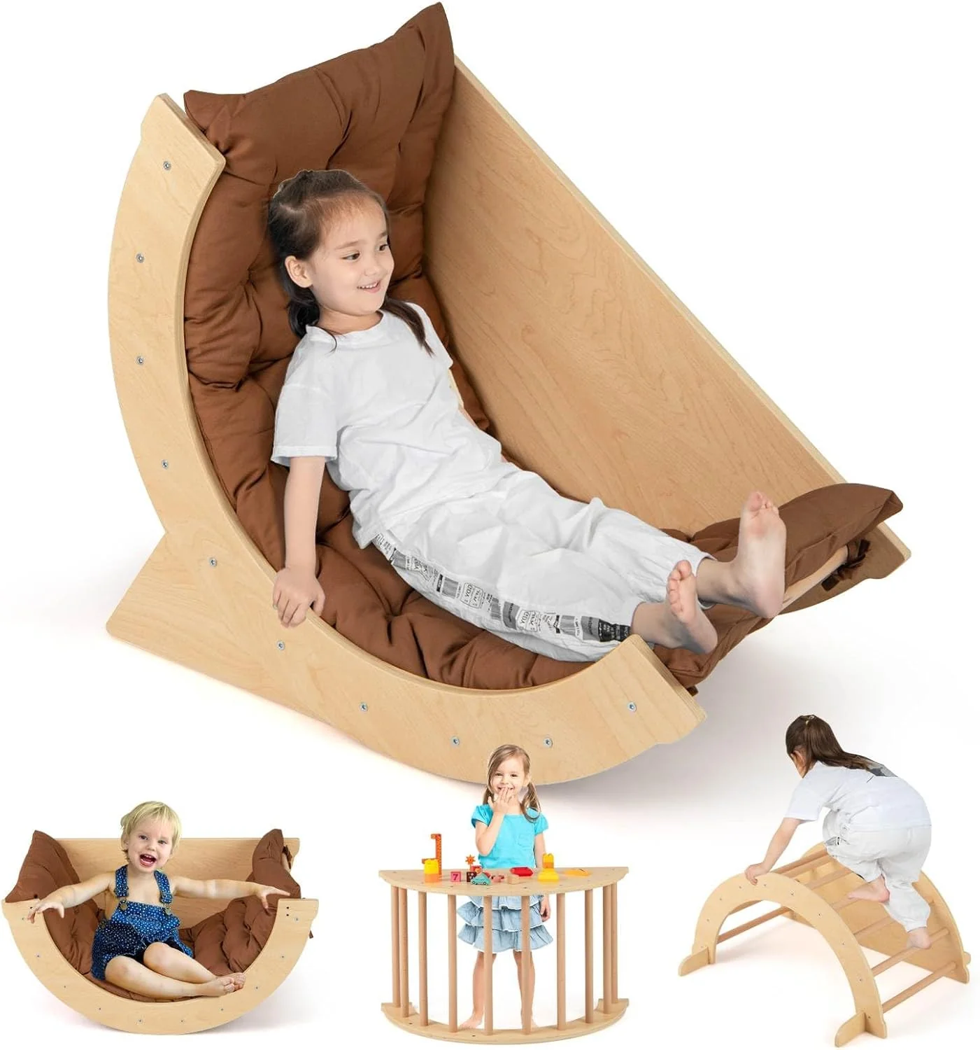 6 in 1 Climbing Arch Playset Wooden Rocker Stoppers Table w/Removable Cushion - Image 10