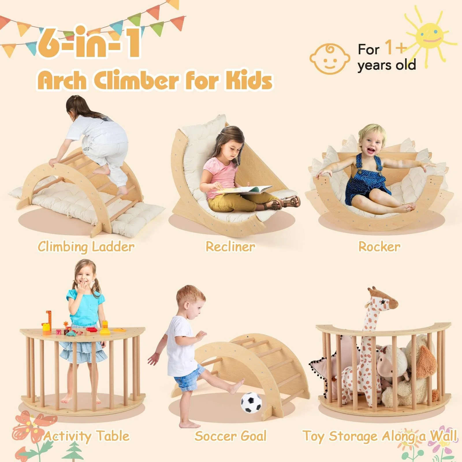 6 in 1 Climbing Arch Playset Wooden Rocker Stoppers Table w/Removable Cushion - Image 2
