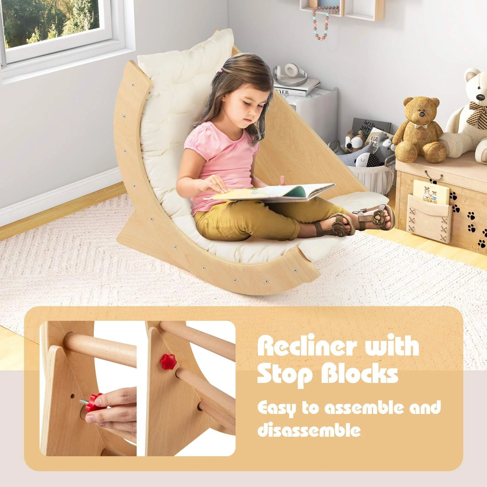 6 in 1 Climbing Arch Playset Wooden Rocker Stoppers Table w/Removable Cushion - Image 3