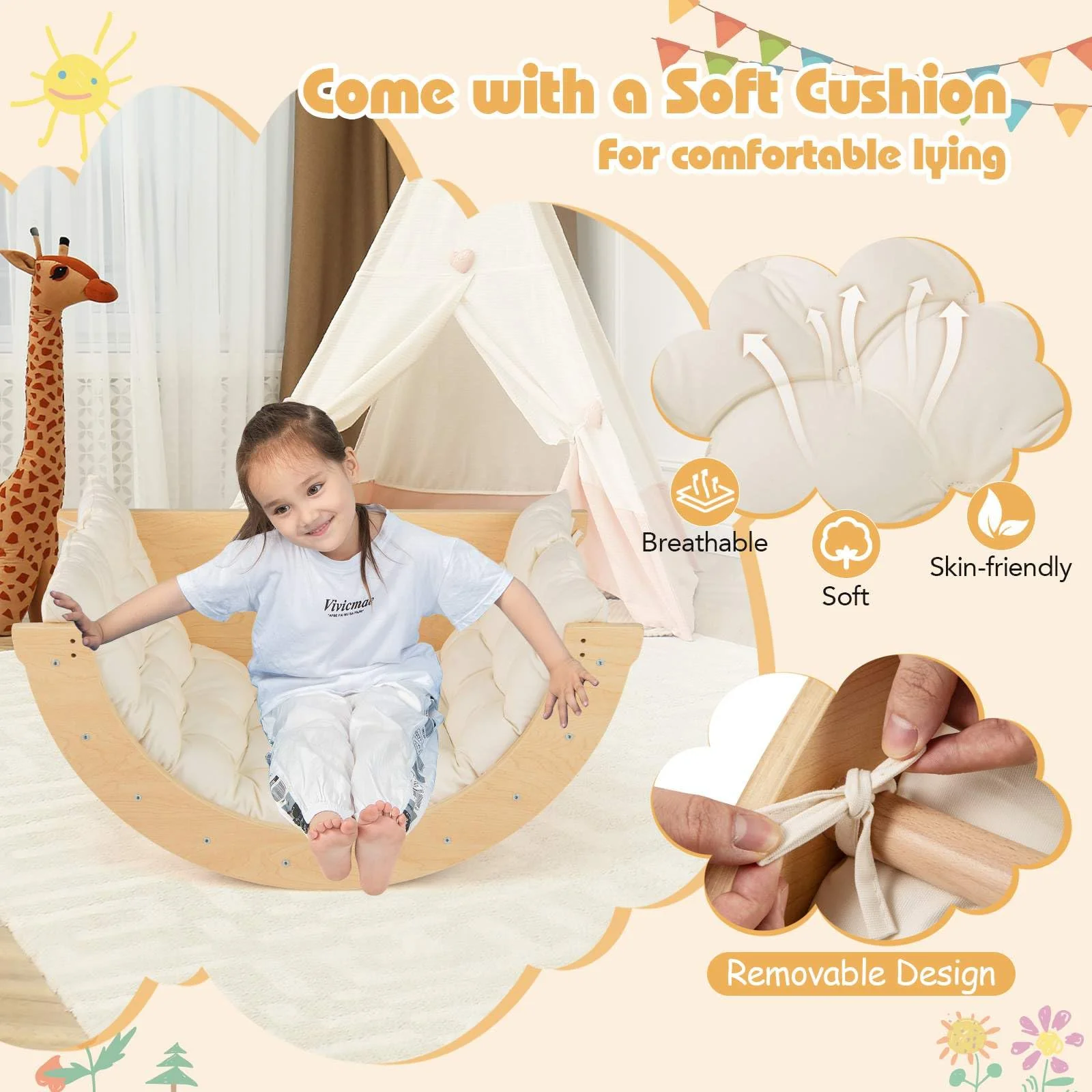 6 in 1 Climbing Arch Playset Wooden Rocker Stoppers Table w/Removable Cushion - Image 4