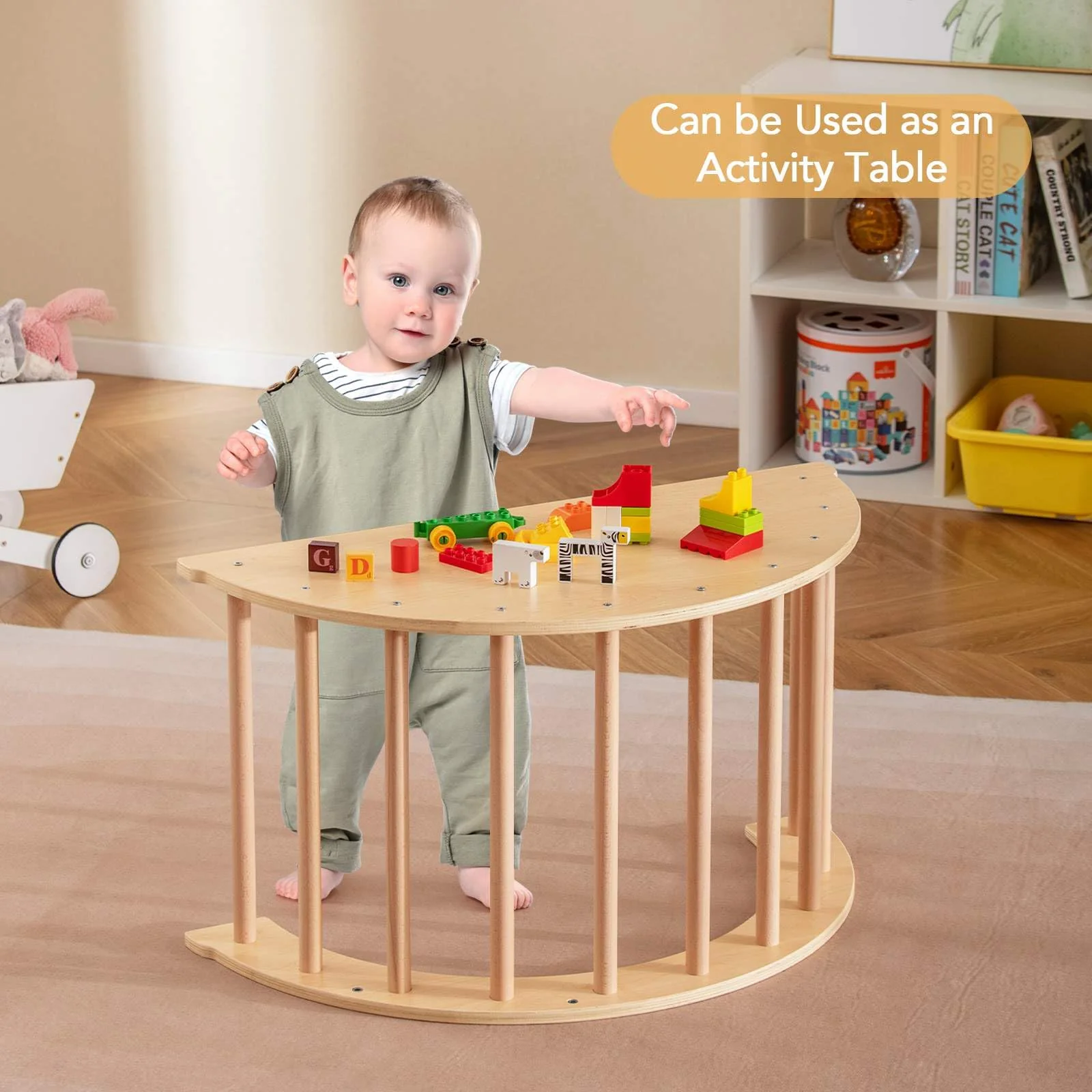 6 in 1 Climbing Arch Playset Wooden Rocker Stoppers Table w/Removable Cushion - Image 5