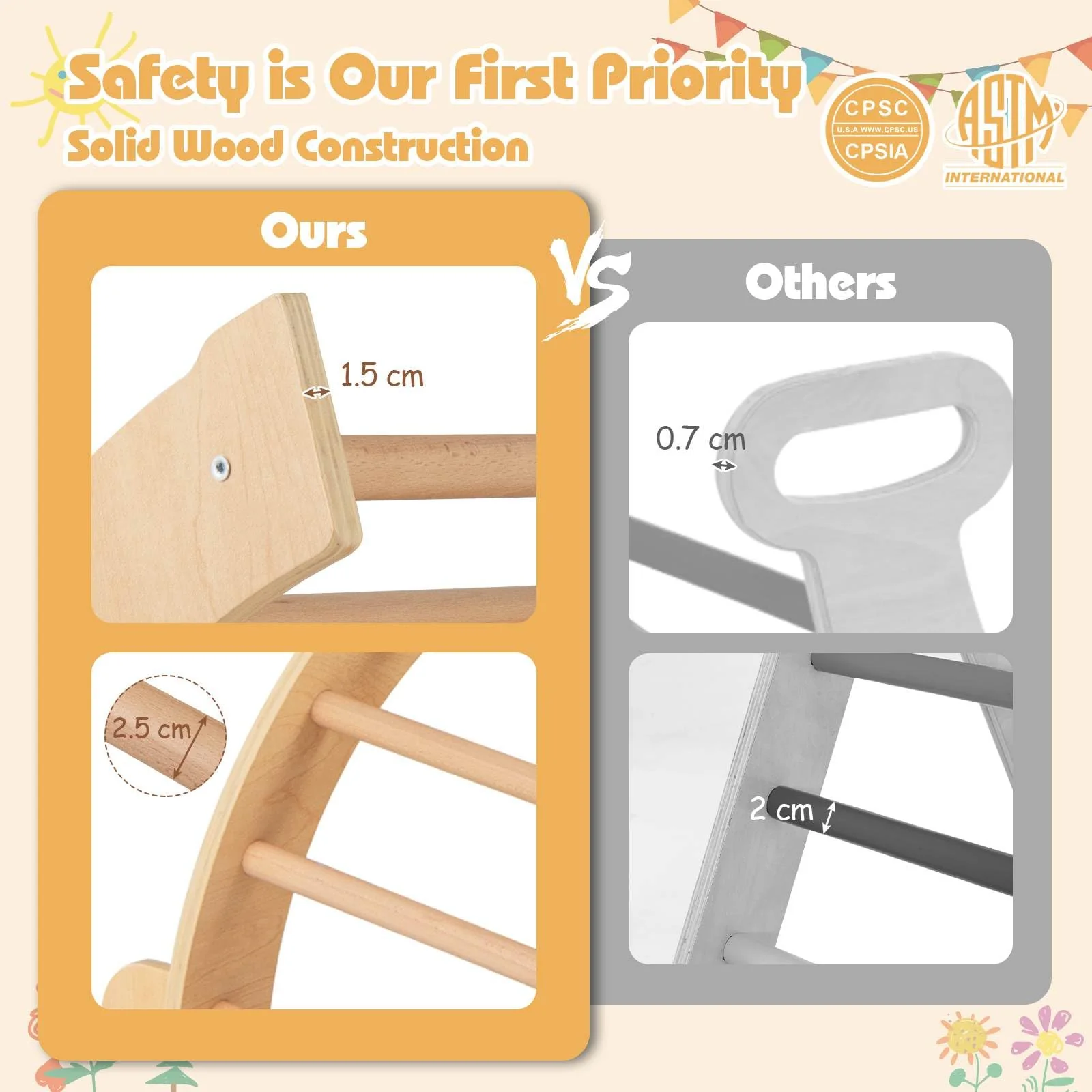 6 in 1 Climbing Arch Playset Wooden Rocker Stoppers Table w/Removable Cushion - Image 7