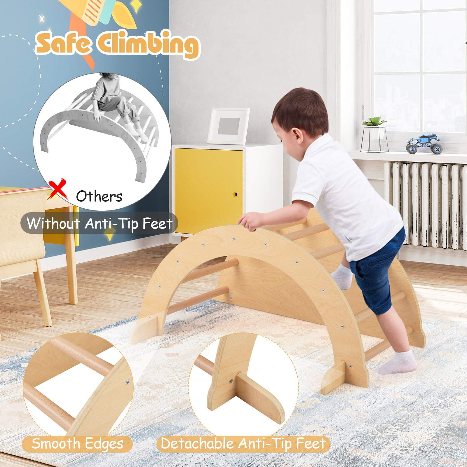 6 in 1 Climbing Arch Playset Wooden Rocker Stoppers Table w/Removable Cushion - Image 9