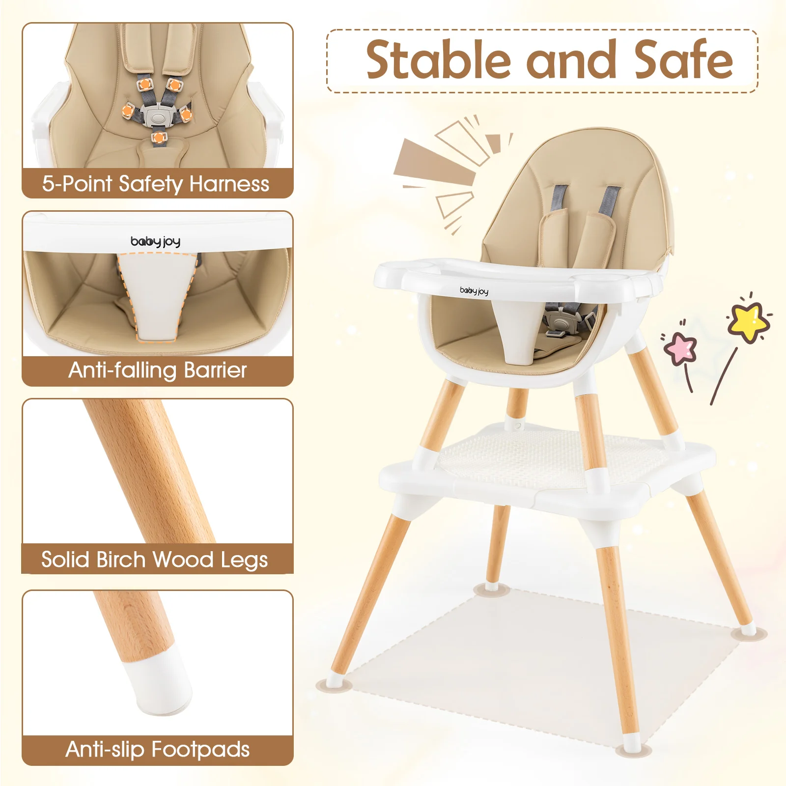 6-in-1 Convertible Table Chair Set, Wooden Infant Seat Feeding Dining Studying Chair for Kids 6-36 Months - Image 8