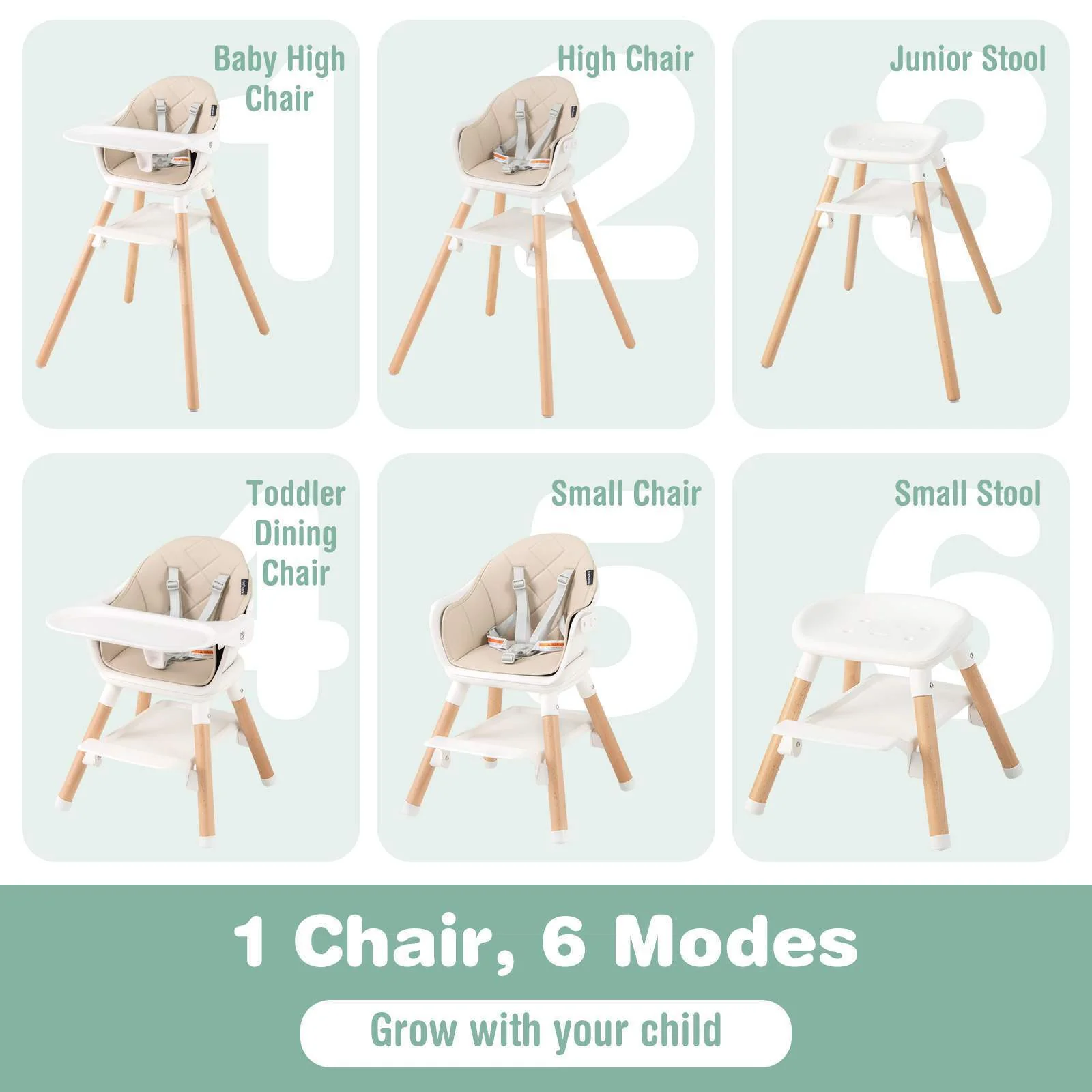 BABY JOY 6-in-1 Convertible Wooden High Chair Baby Highchair up to 6 Years Old - Image 11