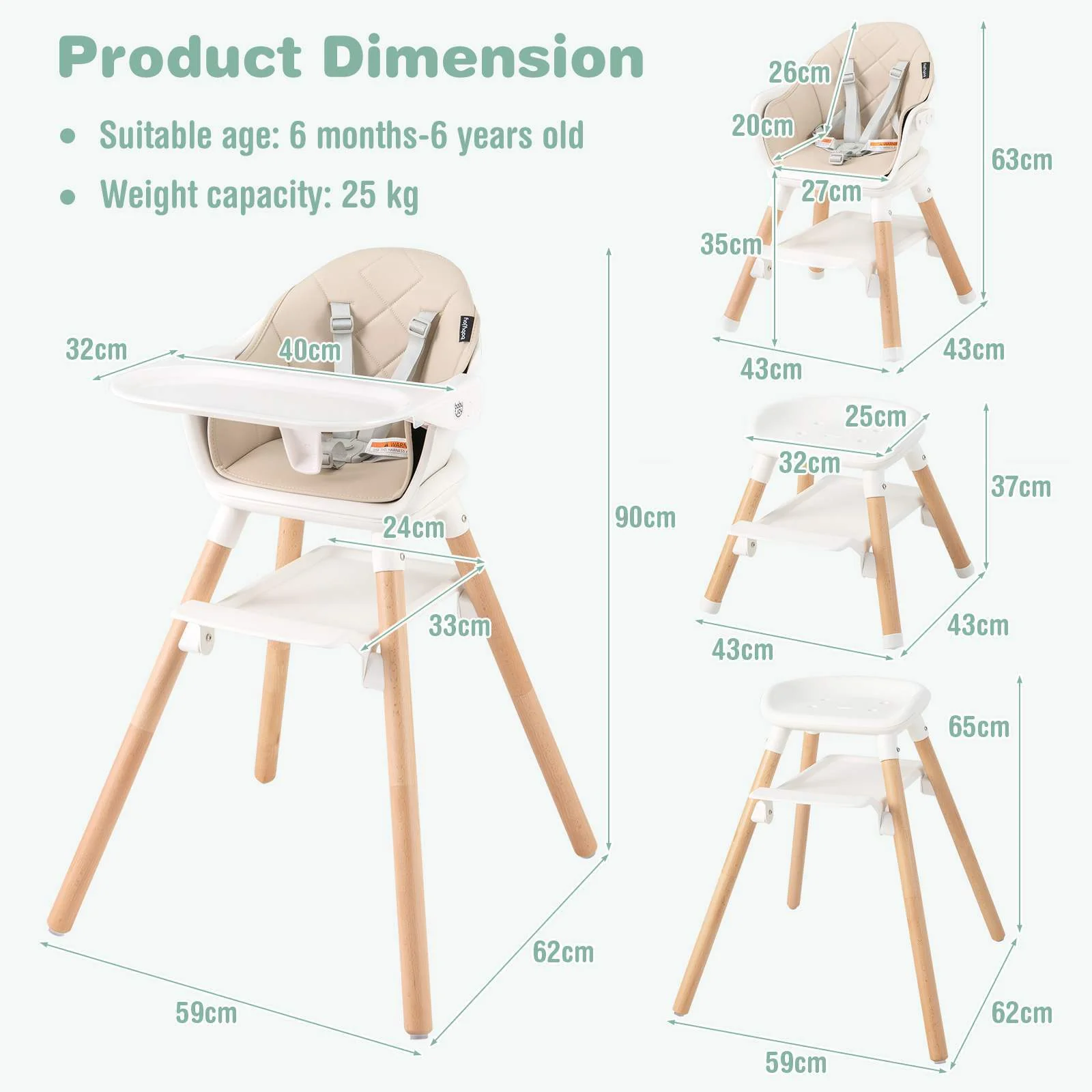 BABY JOY 6-in-1 Convertible Wooden High Chair Baby Highchair up to 6 Years Old - Image 6