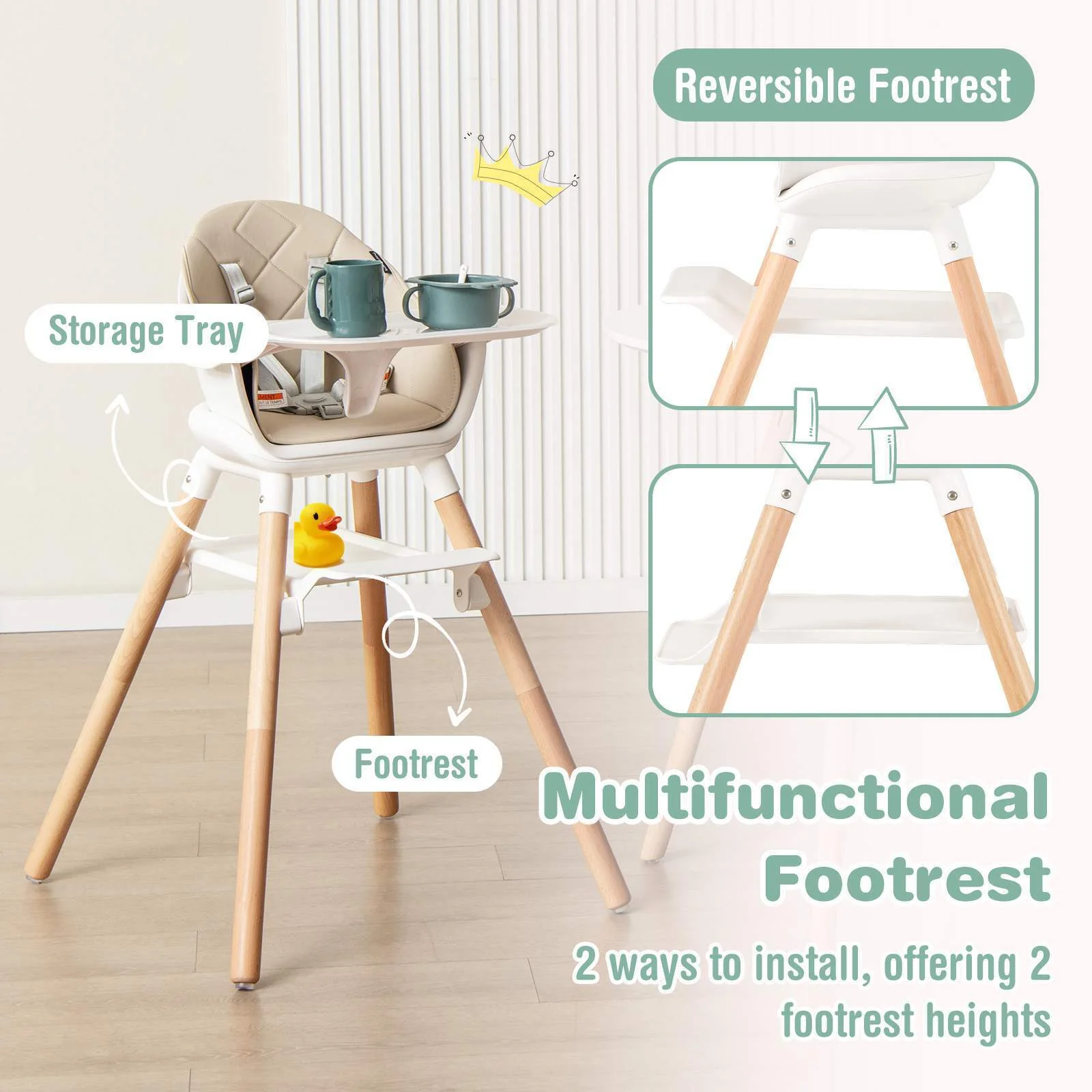 BABY JOY 6-in-1 Convertible Wooden High Chair Baby Highchair up to 6 Years Old - Image 7