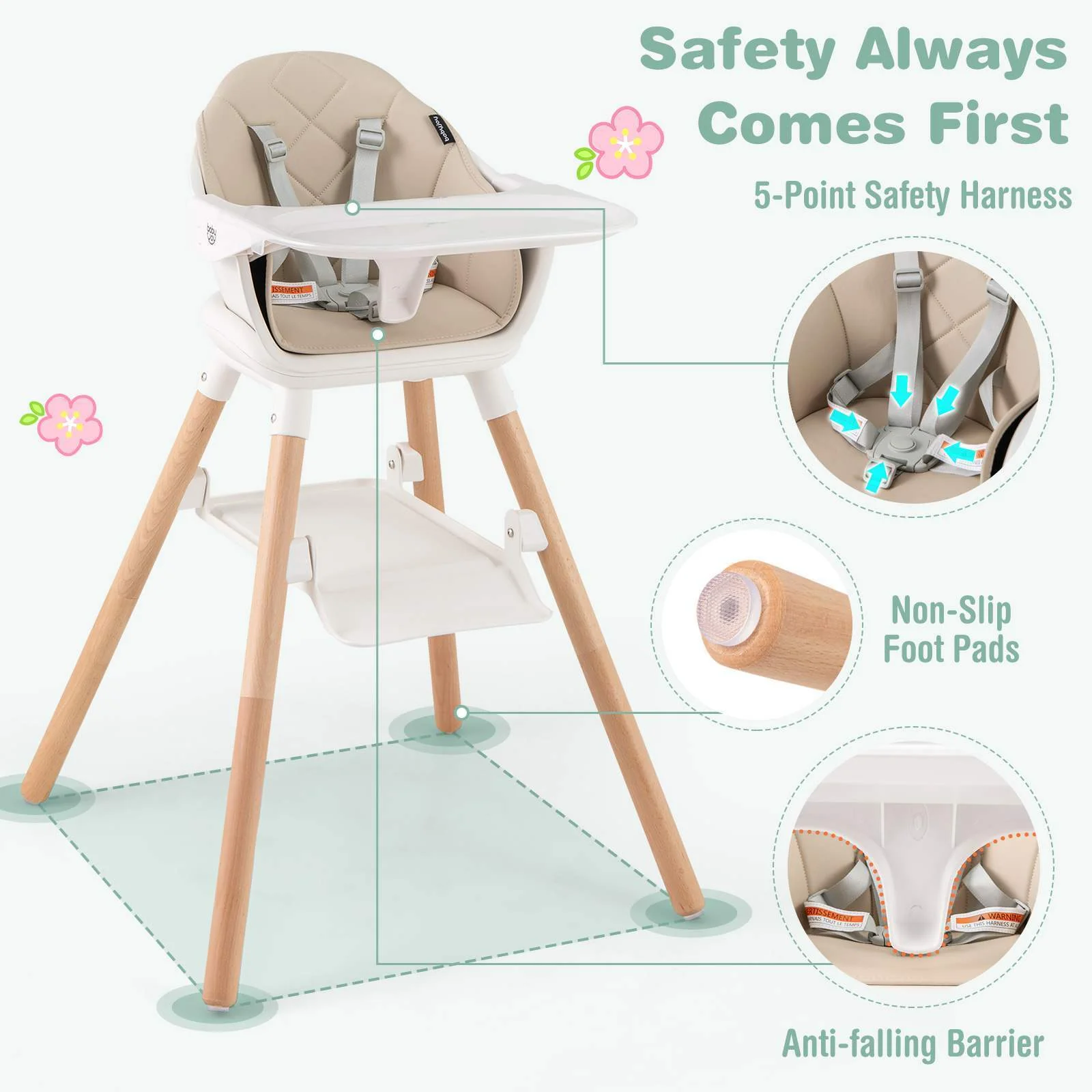 BABY JOY 6-in-1 Convertible Wooden High Chair Baby Highchair up to 6 Years Old - Image 8
