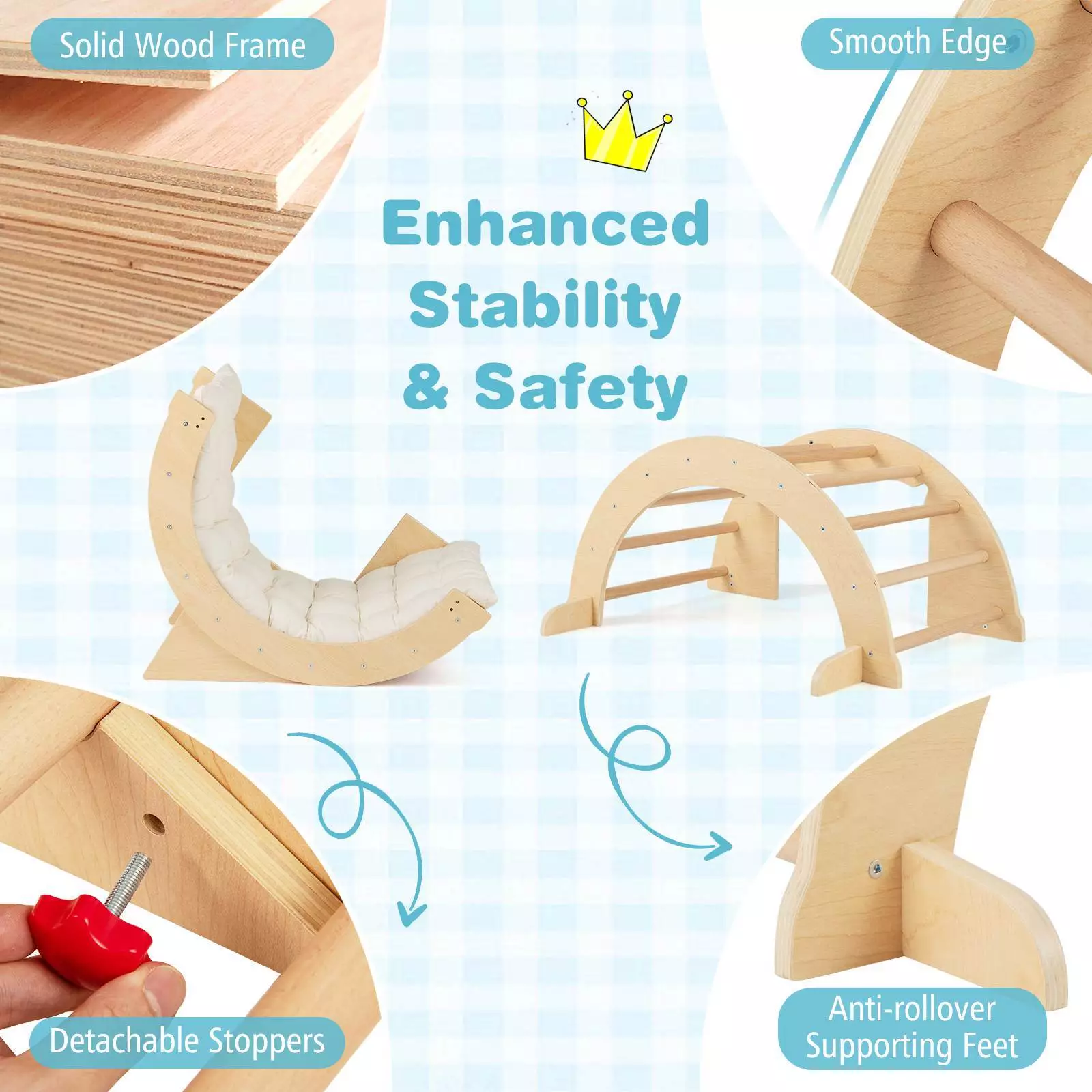 6 in 1 Kids Climbing Arch Playset Wooden Stoppers Toy Rocker Chair w/Storage Bin - Image 10