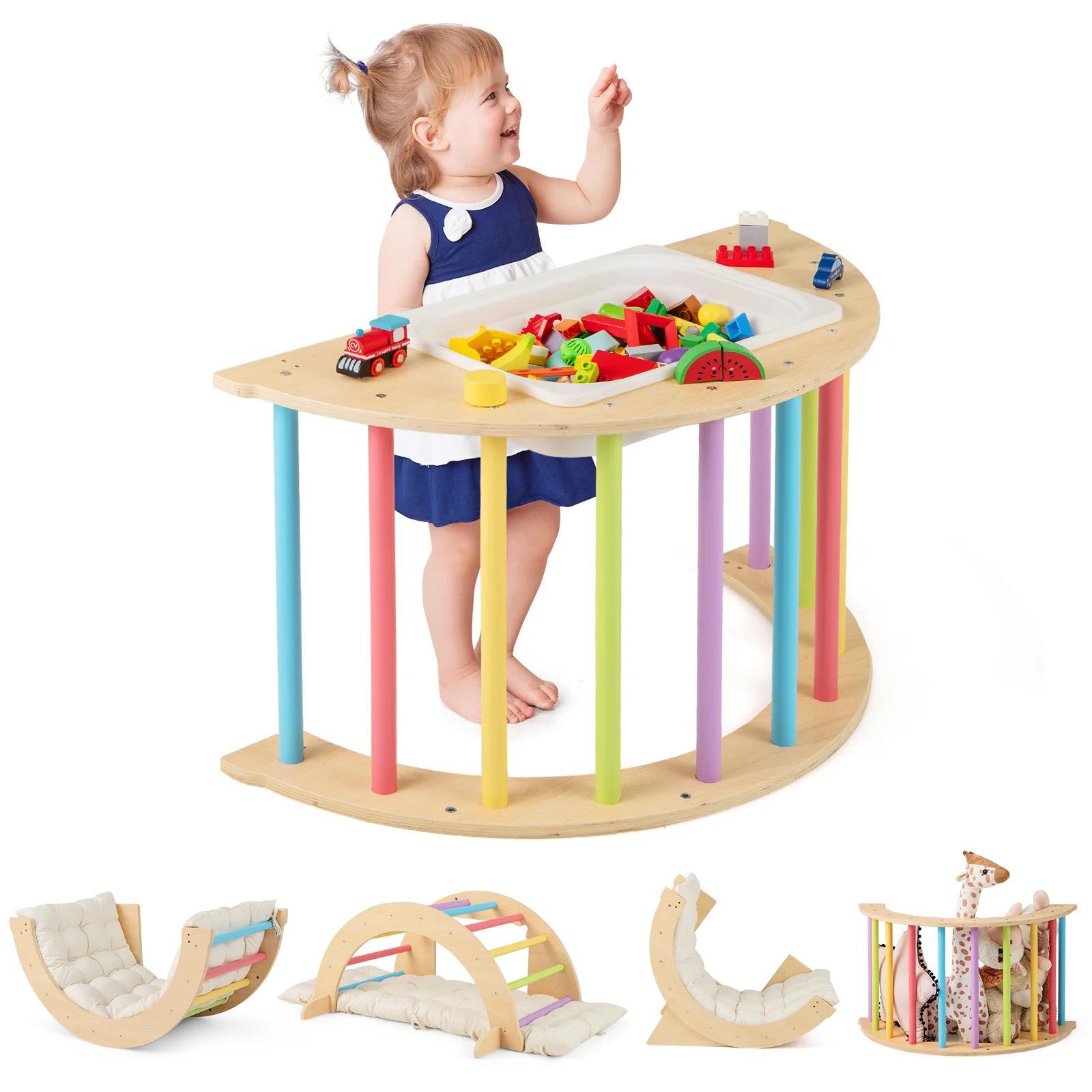 6 in 1 Kids Climbing Arch Playset Wooden Stoppers Toy Rocker Chair w/Storage Bin - Image 11