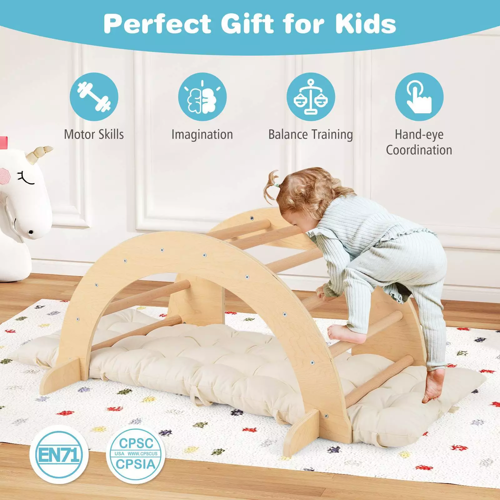 6 in 1 Kids Climbing Arch Playset Wooden Stoppers Toy Rocker Chair w/Storage Bin - Image 5
