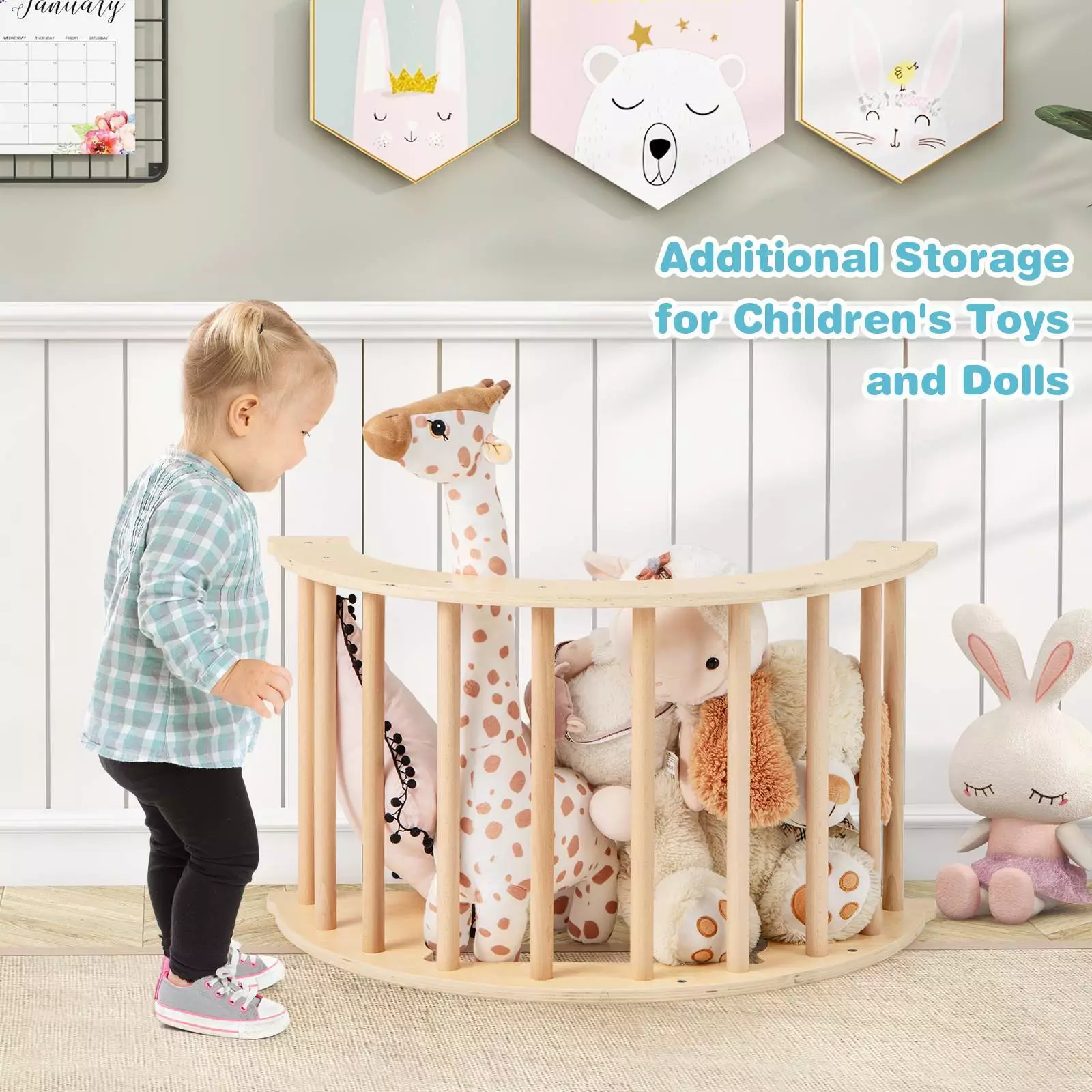 6 in 1 Kids Climbing Arch Playset Wooden Stoppers Toy Rocker Chair w/Storage Bin - Image 6