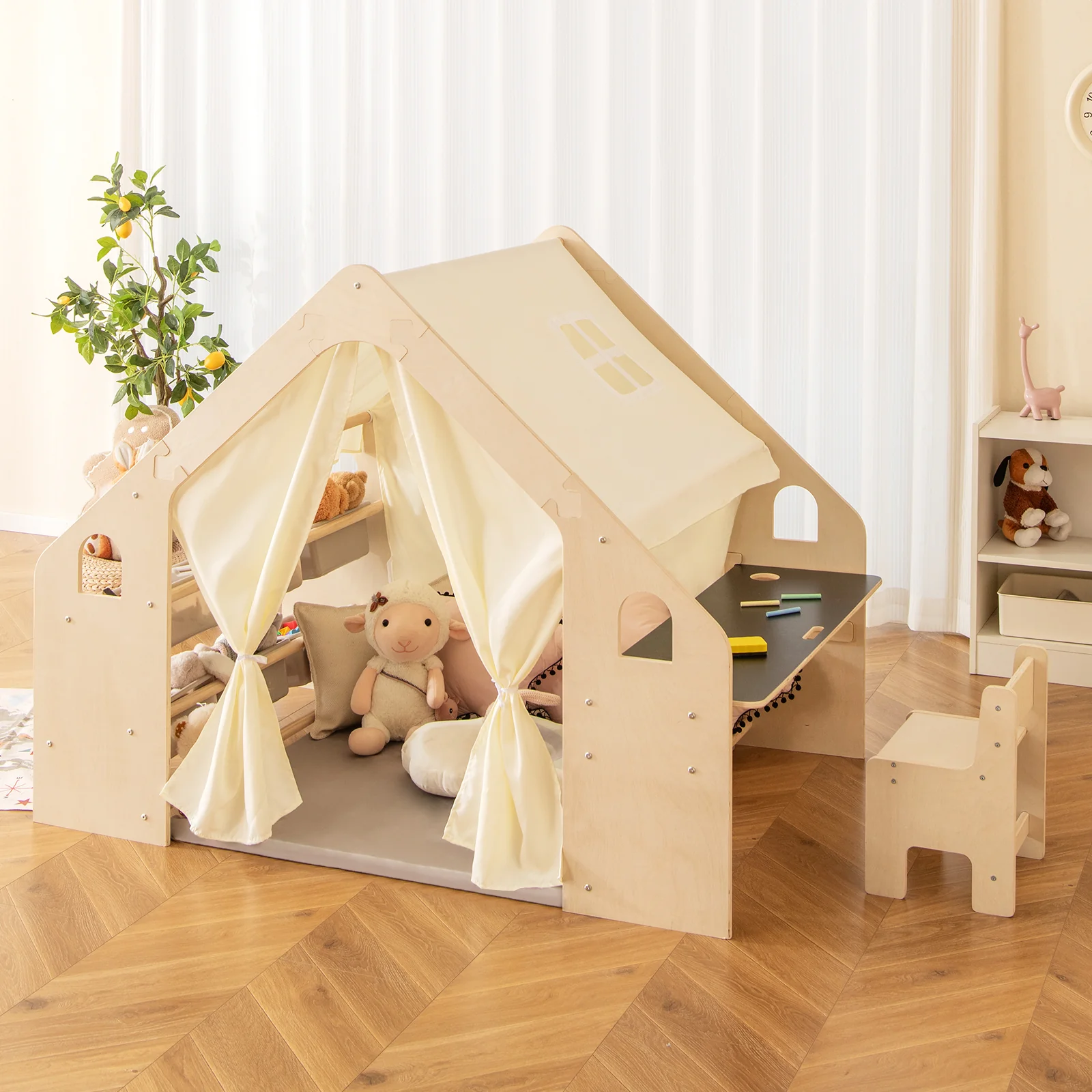 6-in-1 Kids Playhouse Wooden Indoor Play Tent, Large Play Tent Storage Rack with Wooden Frame & Curtains - Image 2