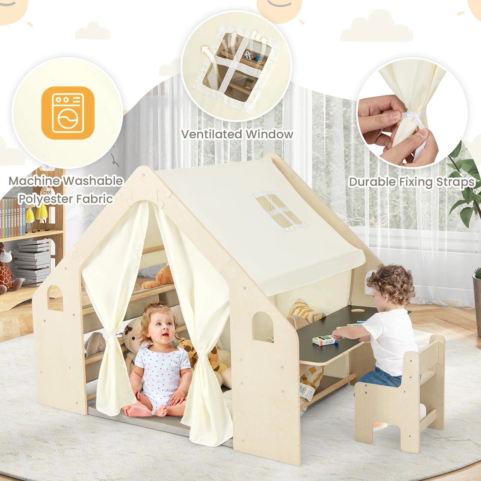 6-in-1 Kids Playhouse Wooden Indoor Play Tent, Large Play Tent Storage Rack with Wooden Frame & Curtains - Image 3
