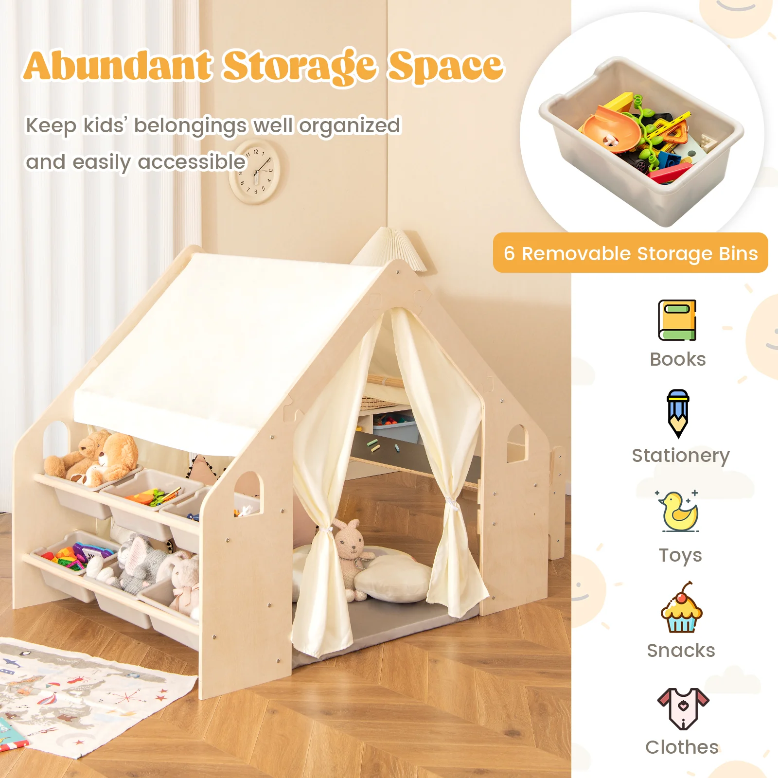 6-in-1 Kids Playhouse Wooden Indoor Play Tent, Large Play Tent Storage Rack with Wooden Frame & Curtains - Image 5