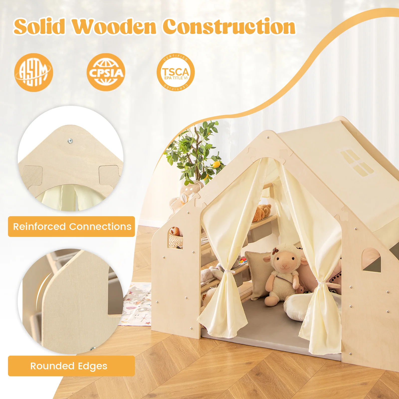 6-in-1 Kids Playhouse Wooden Indoor Play Tent, Large Play Tent Storage Rack with Wooden Frame & Curtains - Image 6