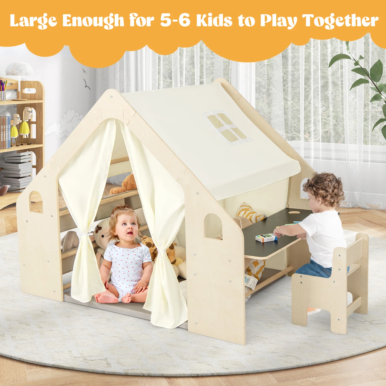 6-in-1 Kids Playhouse Wooden Indoor Play Tent, Large Play Tent Storage Rack with Wooden Frame & Curtains - Image 8