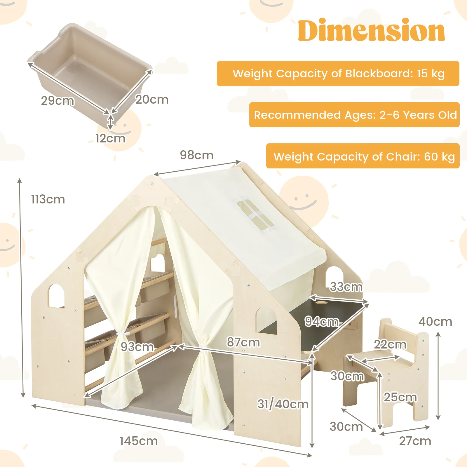 6-in-1 Kids Playhouse Wooden Indoor Play Tent, Large Play Tent Storage Rack with Wooden Frame & Curtains - Image 9