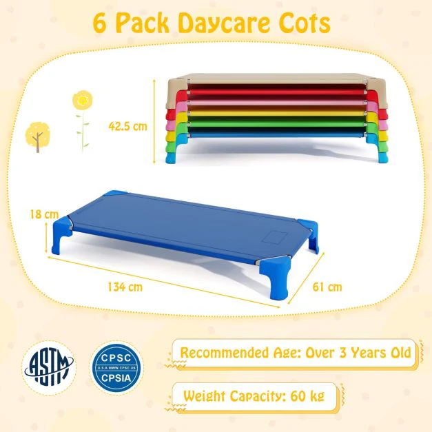 6-Pack Stackable Children’s Nap Time Cots, Space-Saving Daycare Cots w/Metal Frame, Oxford Cloth - Image 13