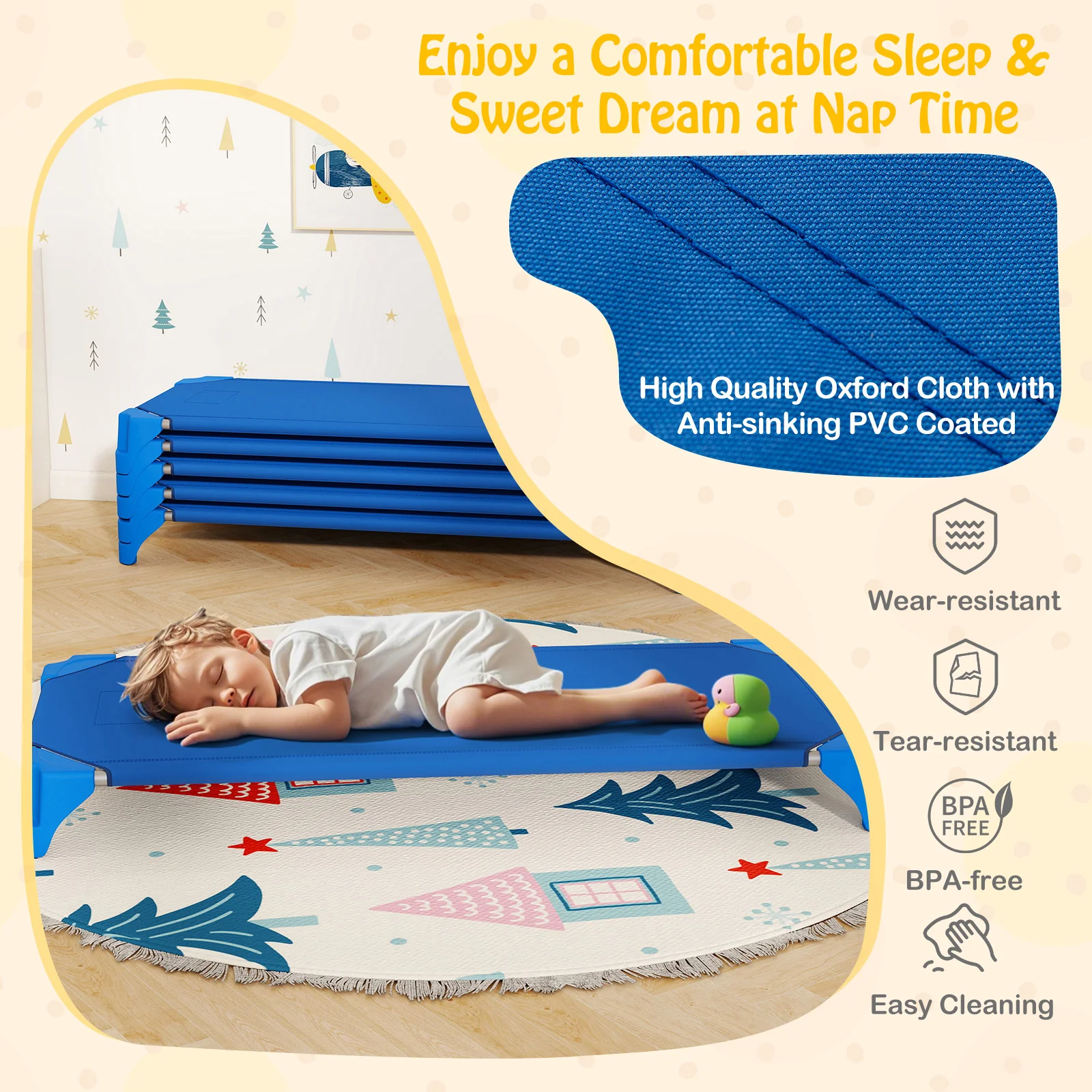 6-Pack Stackable Children’s Nap Time Cots, Space-Saving Daycare Cots w/Metal Frame, Oxford Cloth - Image 6