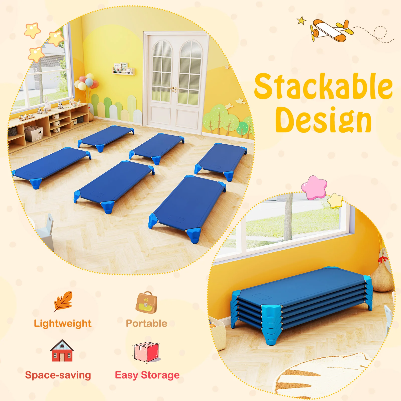 6-Pack Stackable Children’s Nap Time Cots, Space-Saving Daycare Cots w/Metal Frame, Oxford Cloth - Image 7