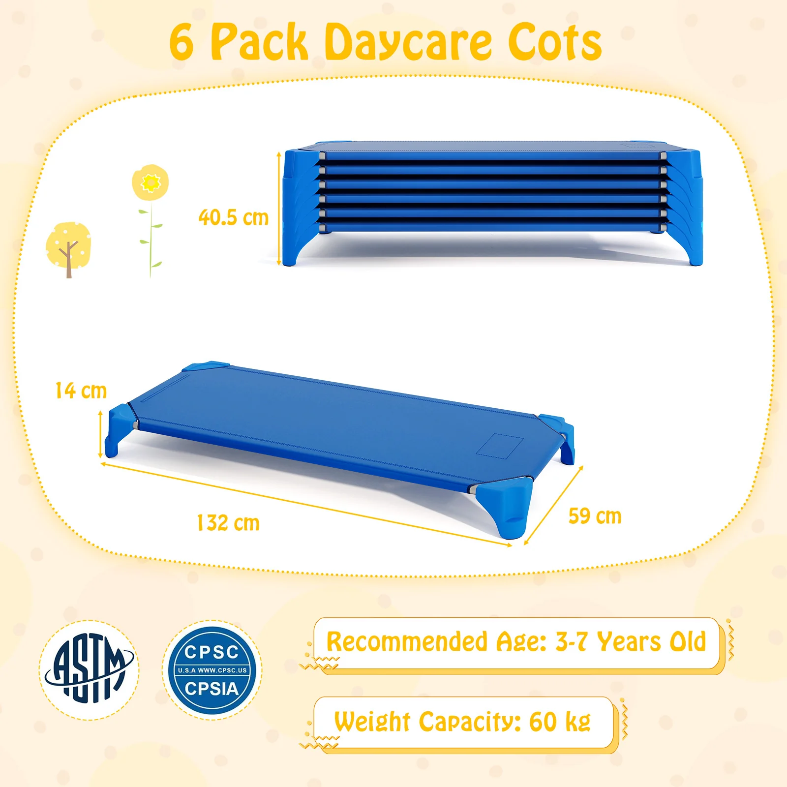 6-Pack Stackable Children’s Nap Time Cots, Space-Saving Daycare Cots w/Metal Frame, Oxford Cloth - Image 9