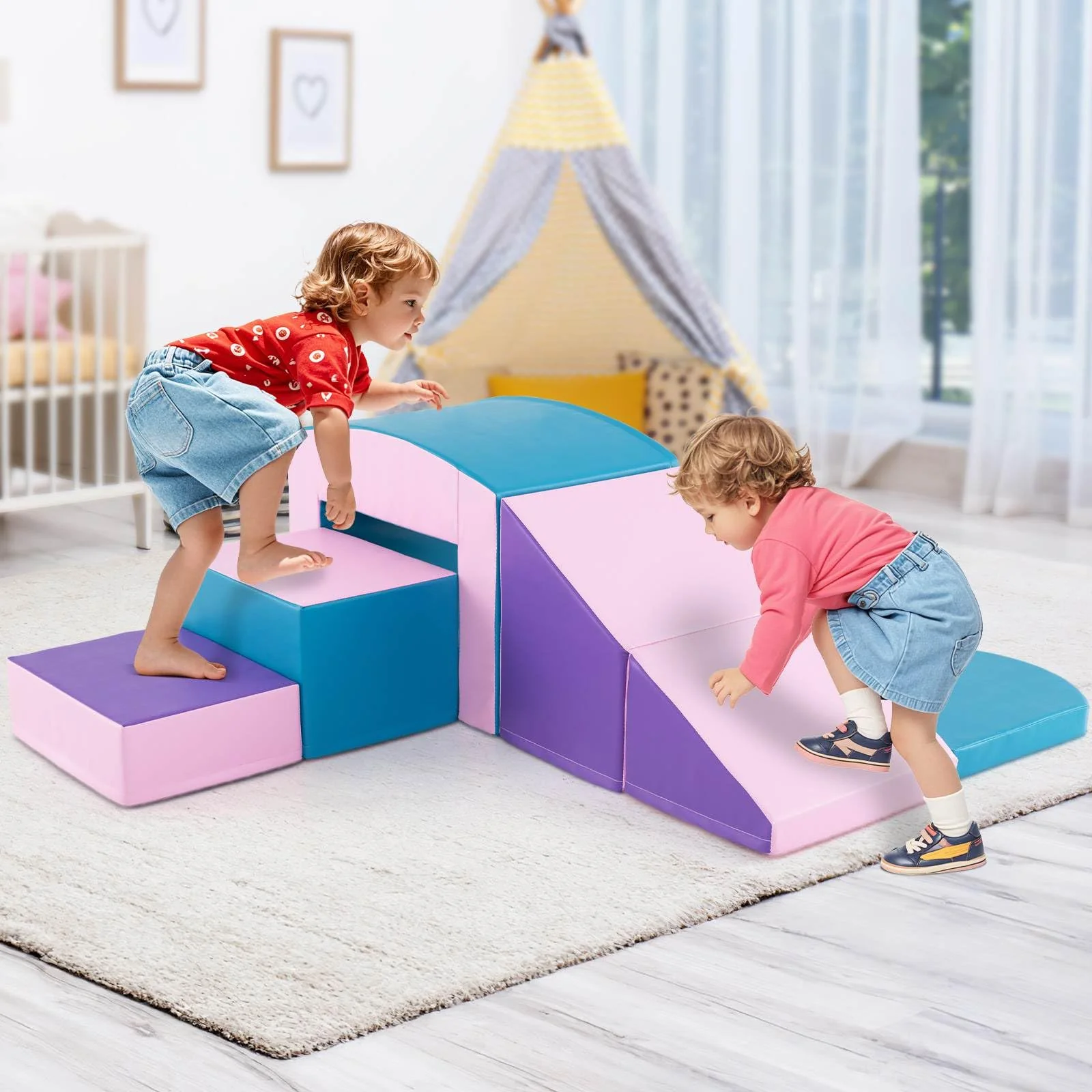6 PCS Foam Climbing Blocks with Tunnel Stairs and Ramp for 12 Months+ - Image 2