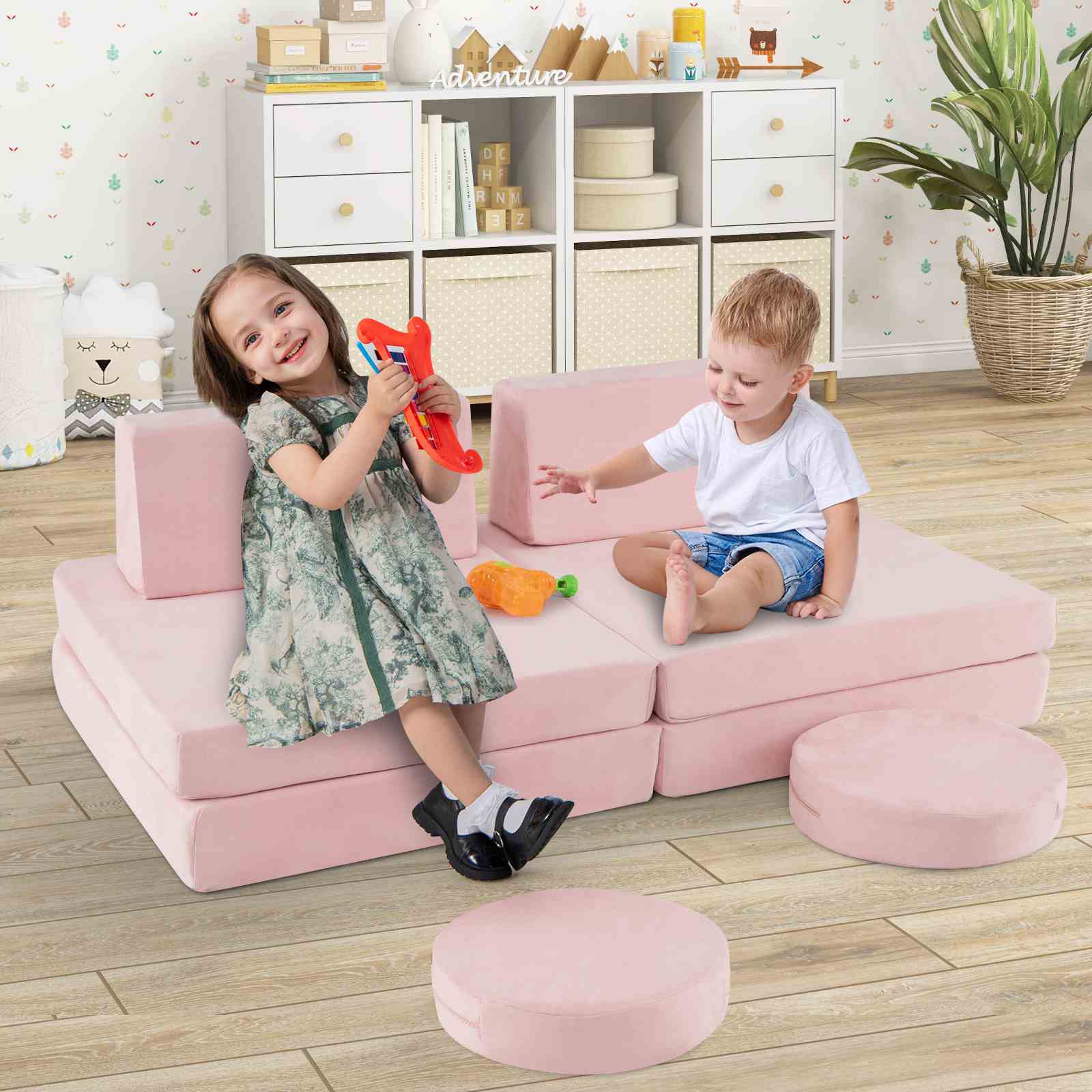 6 PCS Kids Modular Play Sofa Toddler Playing Sleeping Couch with Suede Fabric - Image 11