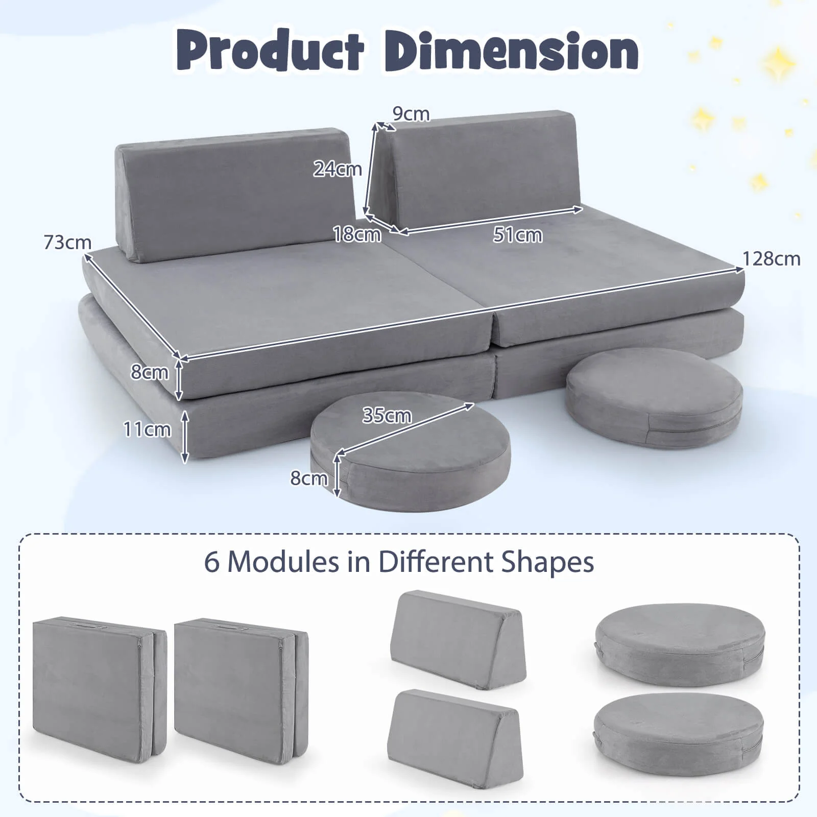 6 PCS Kids Modular Play Sofa Toddler Playing Sleeping Couch with Suede Fabric - Image 9