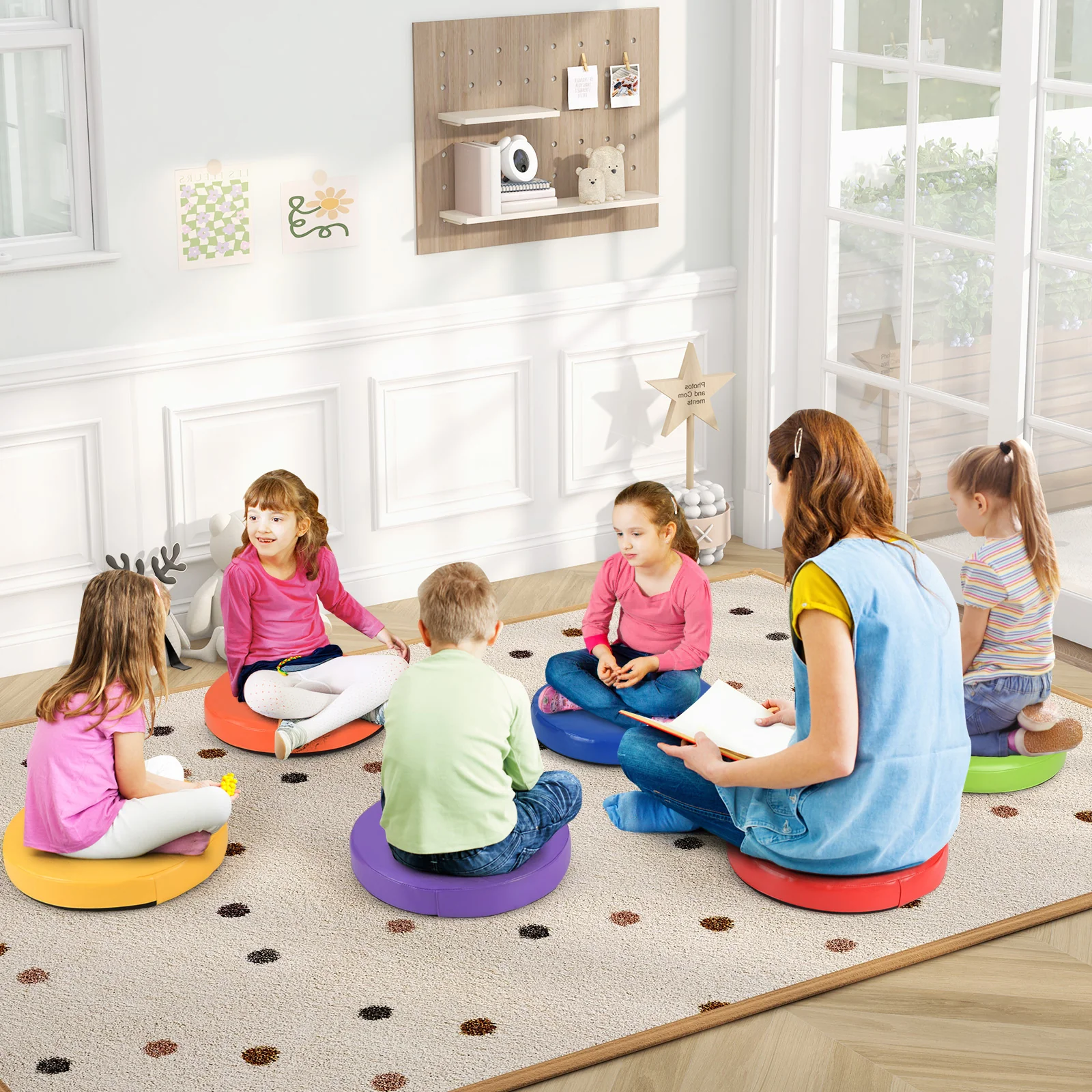 6 PCS Round Floor Cushions for Kids, 35cm Classroom Floor Cushions with Handles - Image 2