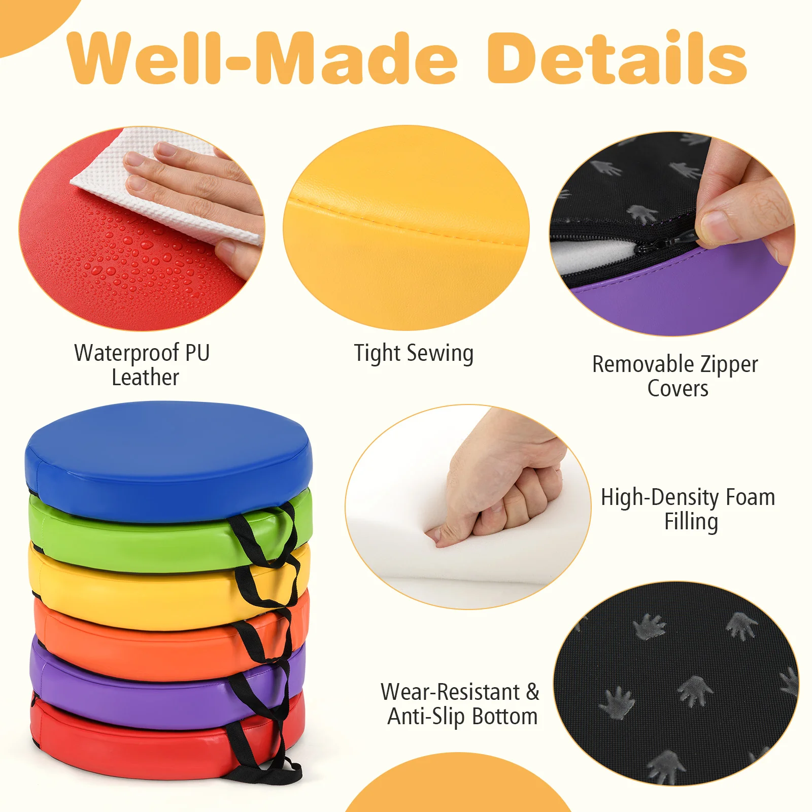 6 PCS Round Floor Cushions for Kids, 35cm Classroom Floor Cushions with Handles - Image 4
