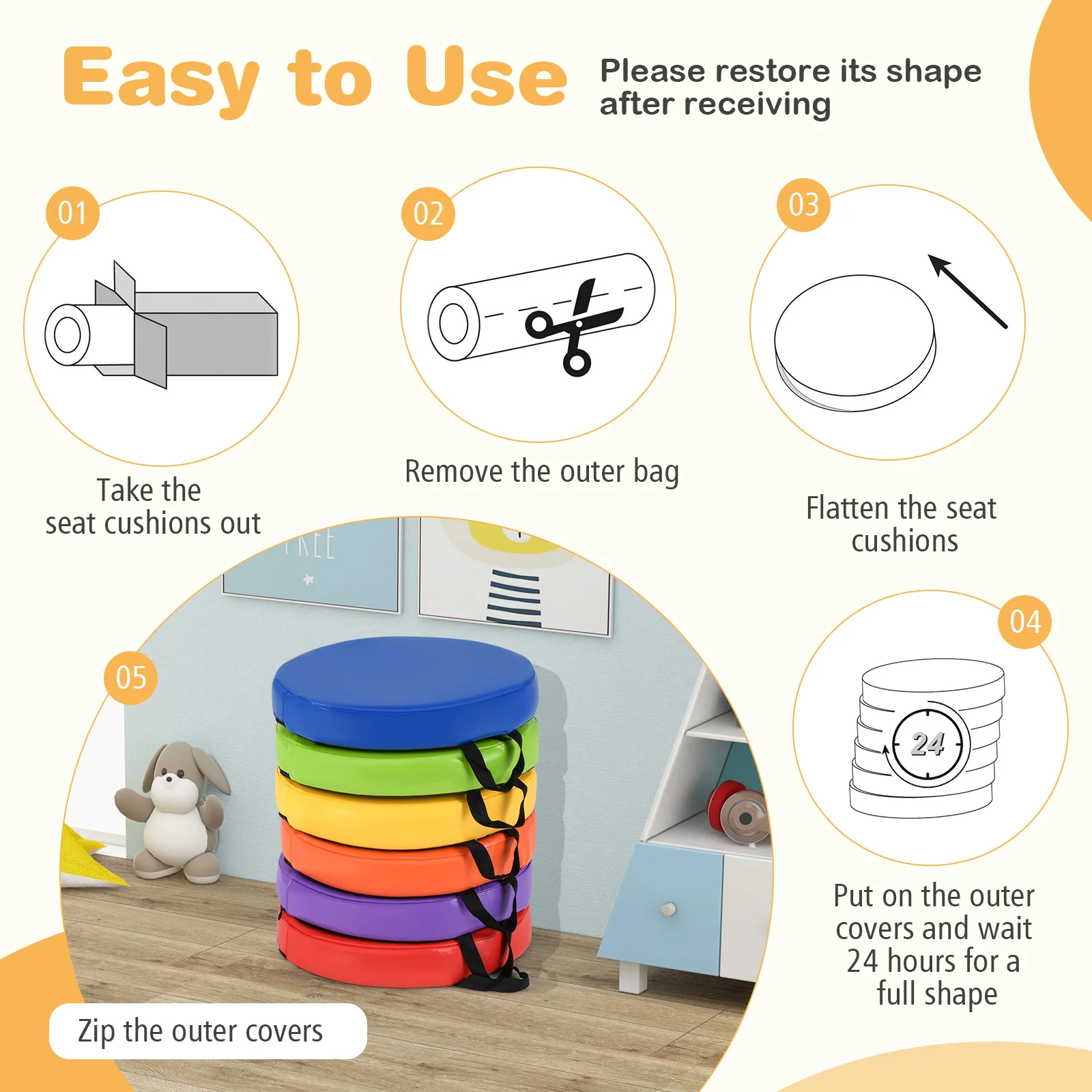 6 PCS Round Floor Cushions for Kids, 35cm Classroom Floor Cushions with Handles - Image 5
