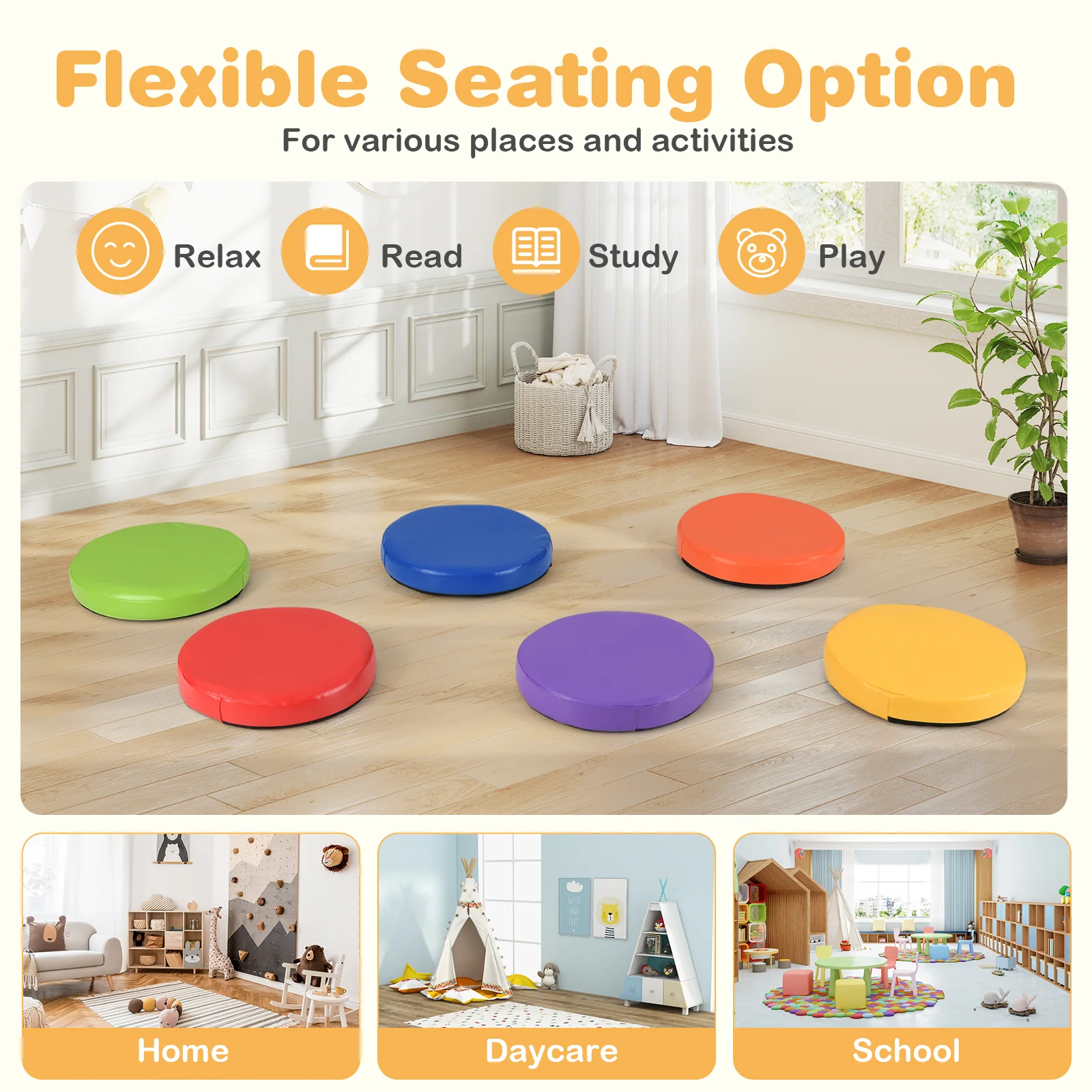 6 PCS Round Floor Cushions for Kids, 35cm Classroom Floor Cushions with Handles - Image 6