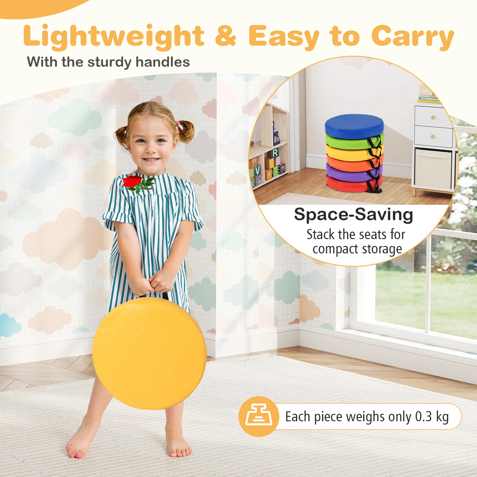 6 PCS Round Floor Cushions for Kids, 35cm Classroom Floor Cushions with Handles - Image 7